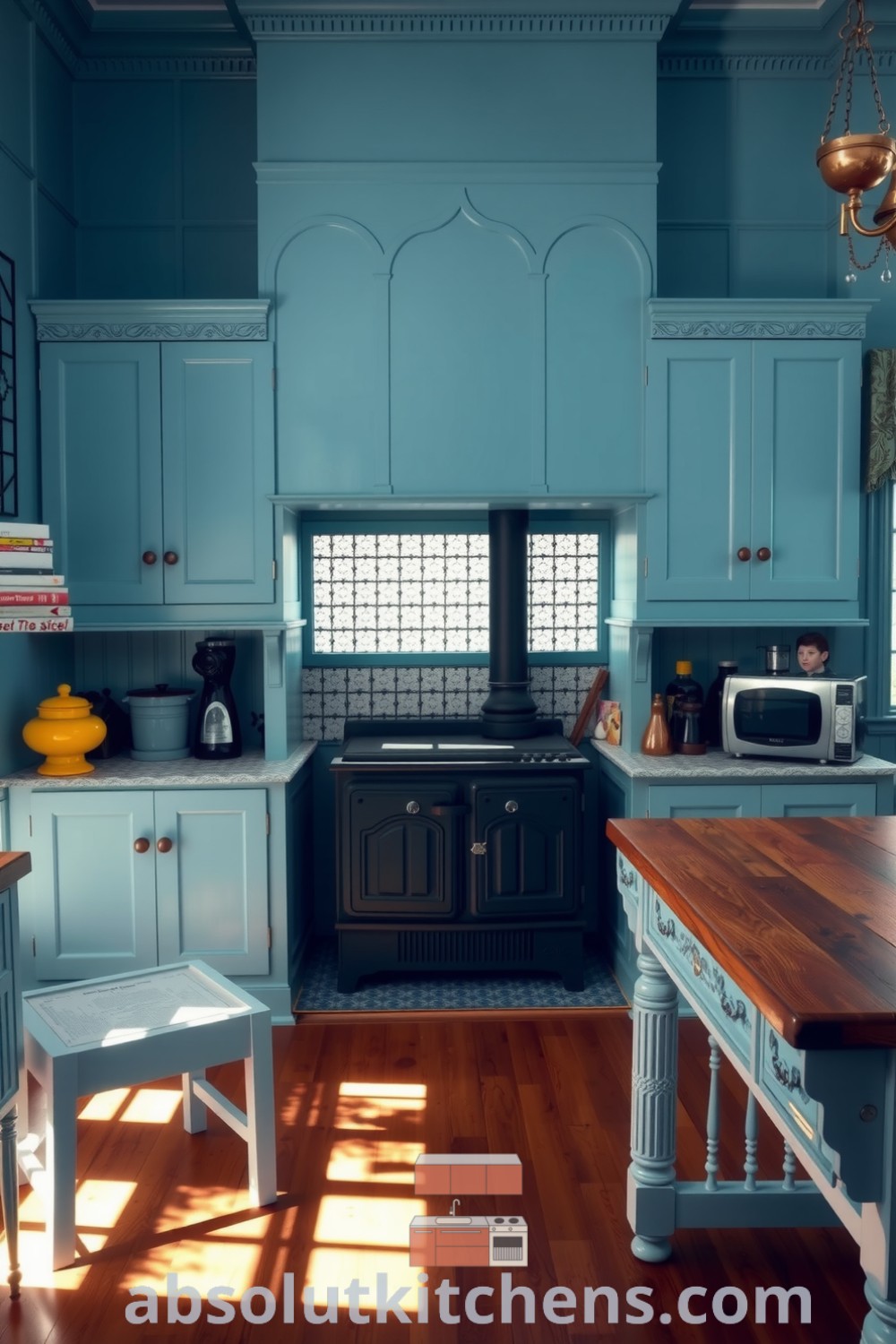 Victorian kitchen featuring soft blue tones, intricate tiles, a cast iron stove, weathered wooden cabinets, and a large farmhouse table, designed for a cozy aesthetic perfect for family meals. For more decor ideas, visit absolutkitchens.com.