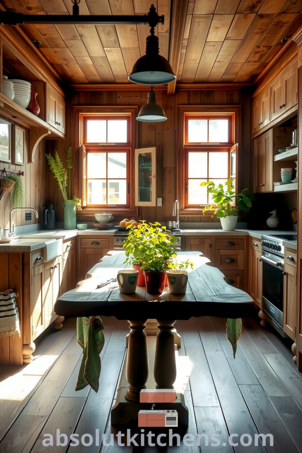 Cozy nature-inspired kitchen featuring earthy tones, weathered wood cabinets, stone countertops, and potted herbs, creating a serene and inviting atmosphere. Visit absolutkitchens.com for more cozy design ideas.