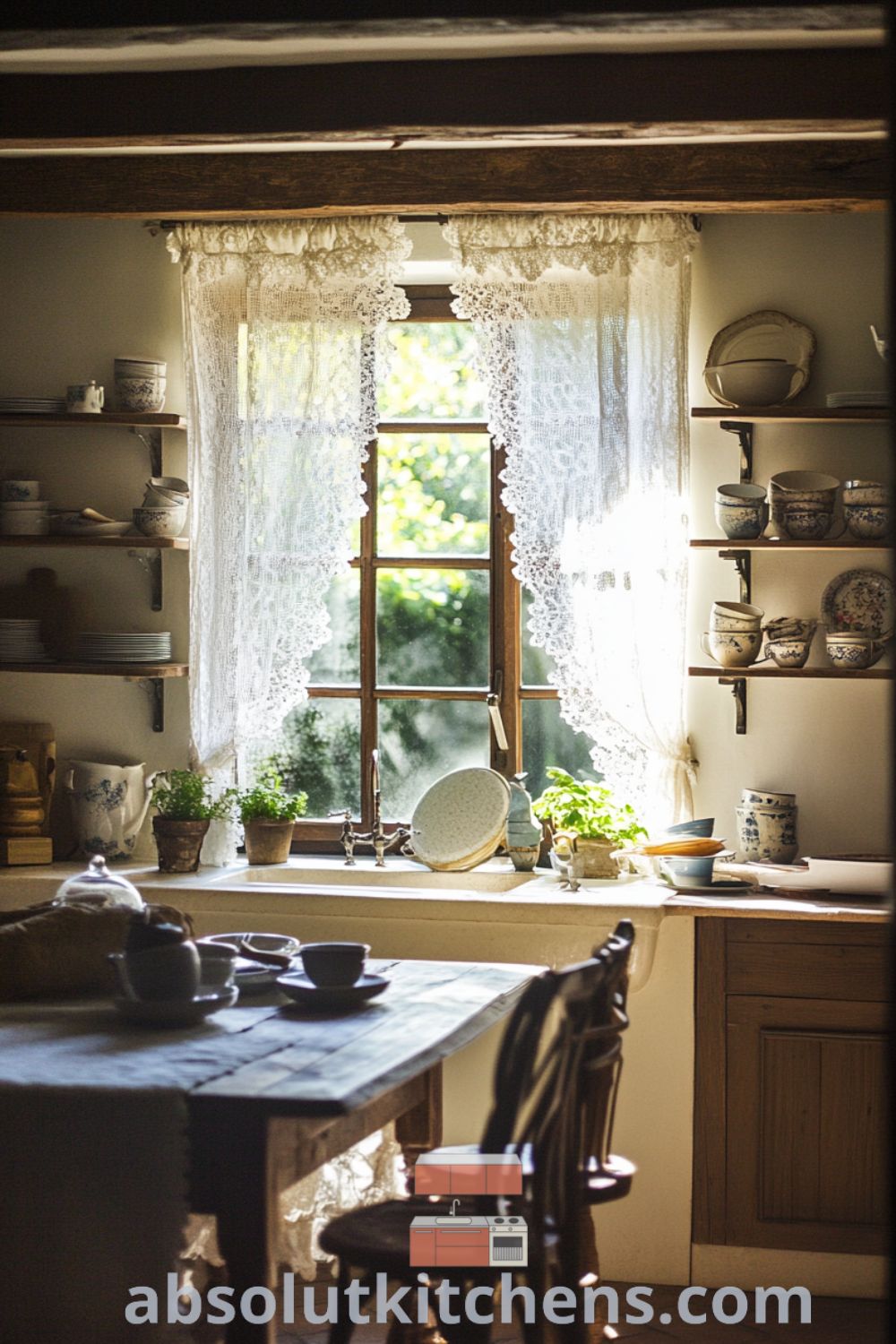 Cozy French kitchen filled with warm golden light, featuring a rustic farmhouse table, weathered wooden beams, mismatched ceramics, and an inviting atmosphere perfect for home gatherings. Visit absolutkitchens.com for inspiring decor ideas.