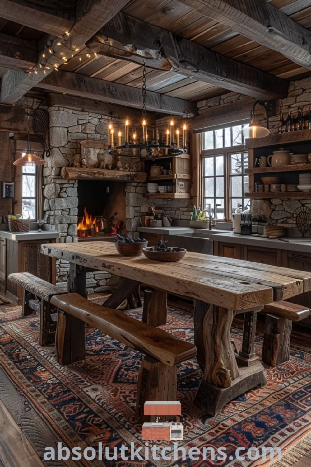 A rustic kitchen with a stone fireplace, wooden table, and surrounded by rugs, creating a cozy and inviting atmosphere. This space exemplifies rustic cabin dining room design and inspiring log cabin rustic decor ideas, ideal for home improvement inspiration. Visit absolutkitchens.com for more cozy aesthetic design tips.