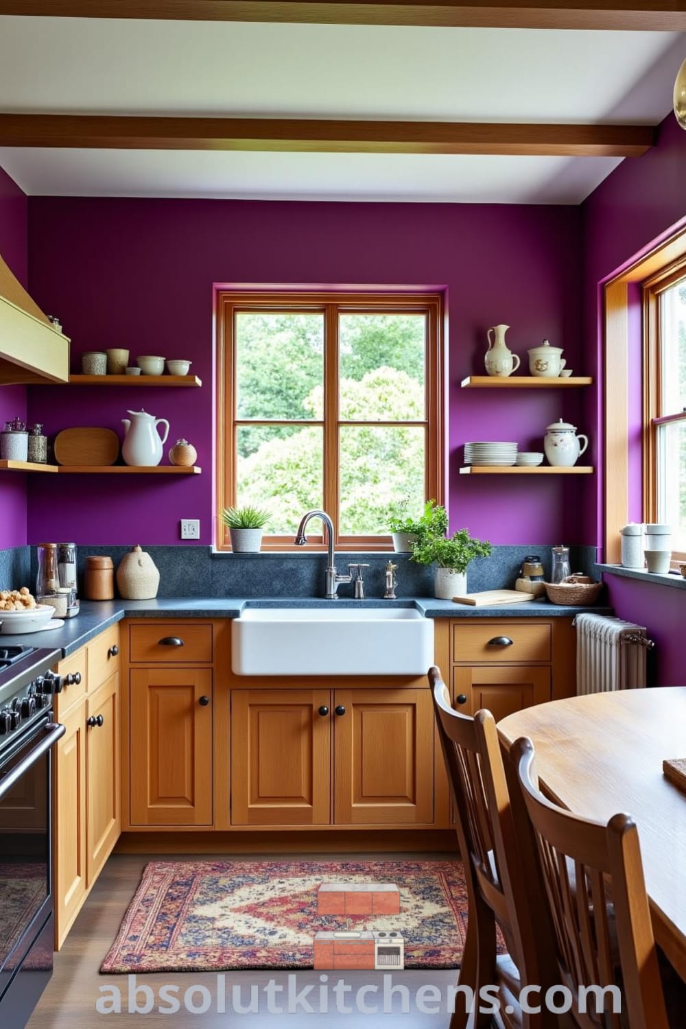 Rustic kitchen with rich purple walls, weathered oak cabinets, and a farmhouse sink, accented by mismatched crockery and a sturdy wooden table, creating a cozy home atmosphere. Discover more cozy ideas and decor inspirations at fireplacesandwoodstoves.com.