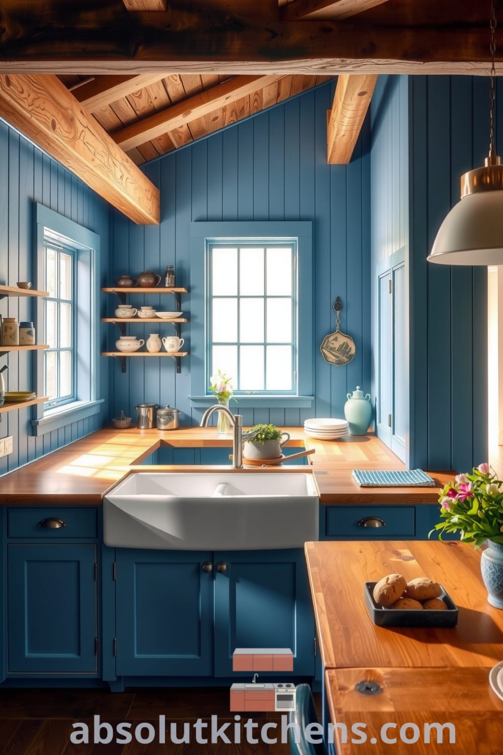 Cozy rustic kitchen with blue cabinetry, reclaimed wooden beams, farmhouse sink, and handmade pottery, illuminated by sunlight, creating a warm and inviting atmosphere perfect for family gatherings, featured on fireplacesandwoodstoves.com.
