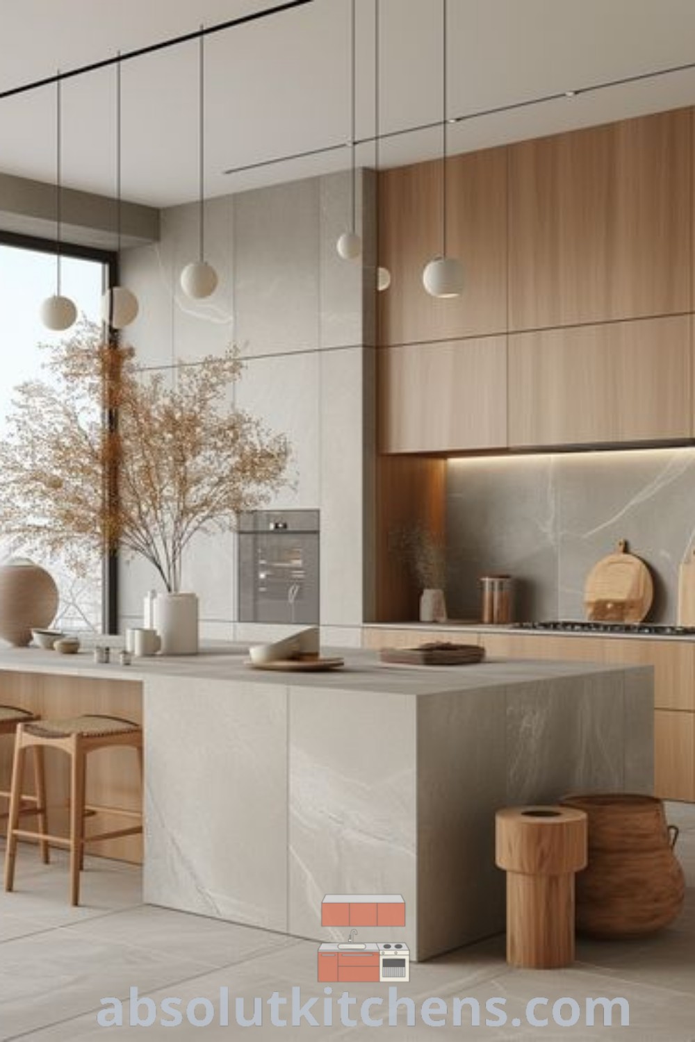 A modern Japandi kitchen featuring marble counter tops, wooden cabinets, and stylish bar stools, showcasing a perfect blend of Scandinavian and Japandi designs. This inspiring kitchen decor enhances style and functionality, offering unique ideas for your home. Explore more decor inspirations at wellnesswink.com.