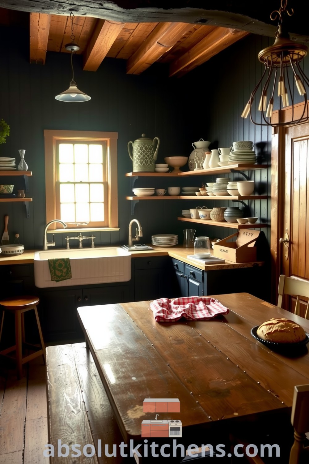 Cozy rustic kitchen featuring deep black walls, exposed wooden beams, farmhouse sink, open shelving with mismatched ceramics, and a sturdy table, creating a warm and inviting atmosphere perfect for family gatherings. Visit absolutkitchens.com for inspiring design ideas.