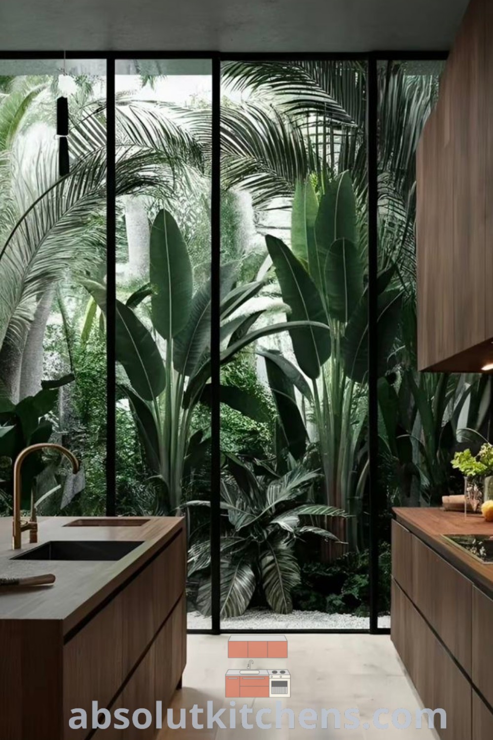 A modern tropical kitchen featuring lots of green plants on the walls and floor-to-ceiling glass doors, creating a cozy aesthetic and inspiring design ideas for a house or apartment. Explore more images and decor ideas at absolutkitchens.com.