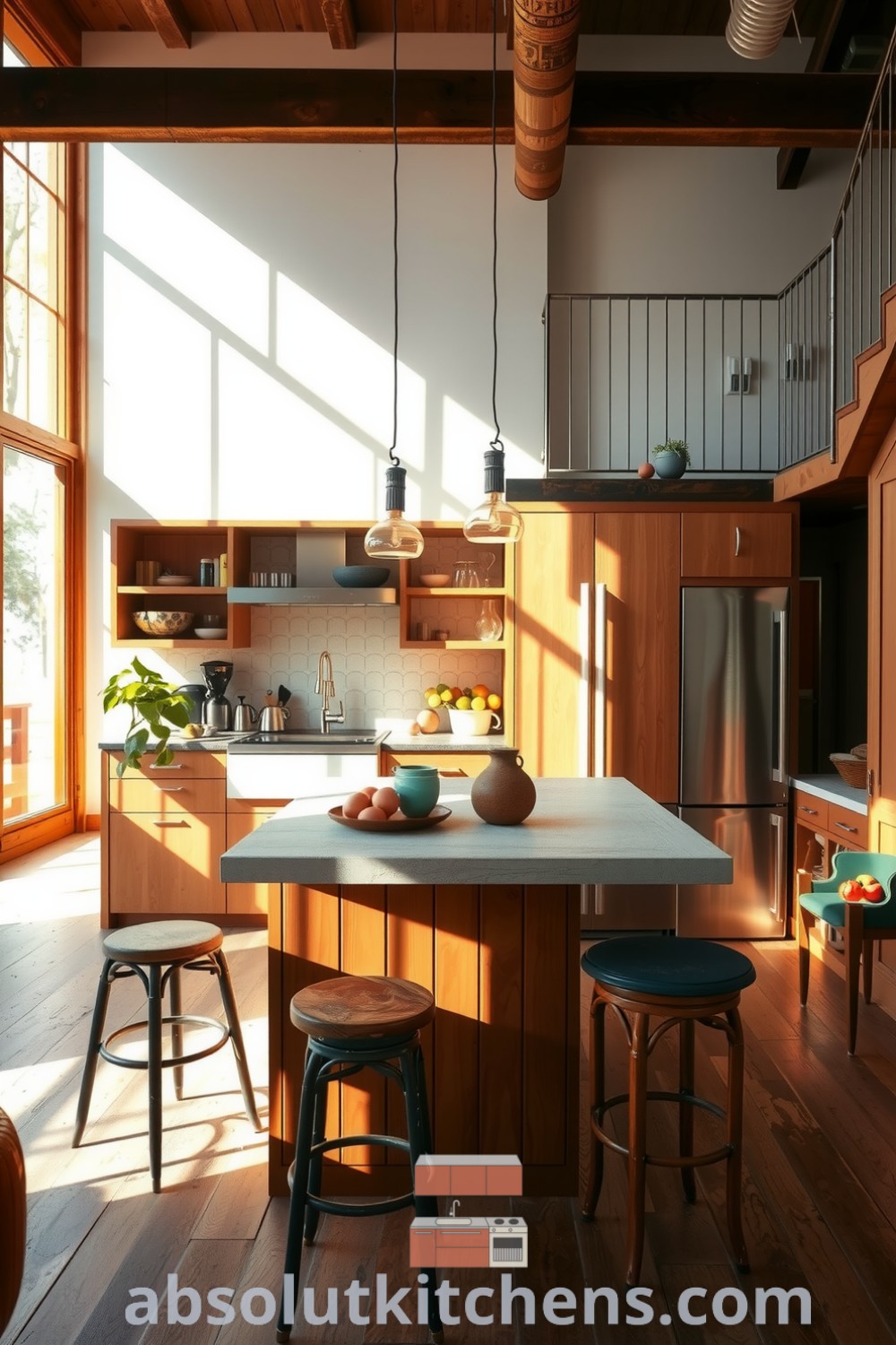 Cozy loft kitchen designed with warm brown tones, rich wooden cabinets, and a rustic stone island, creating an inviting atmosphere perfect for gatherings. Unique decor and vintage elements inspire cozy home design ideas at fireplacesandwoodstoves.com.