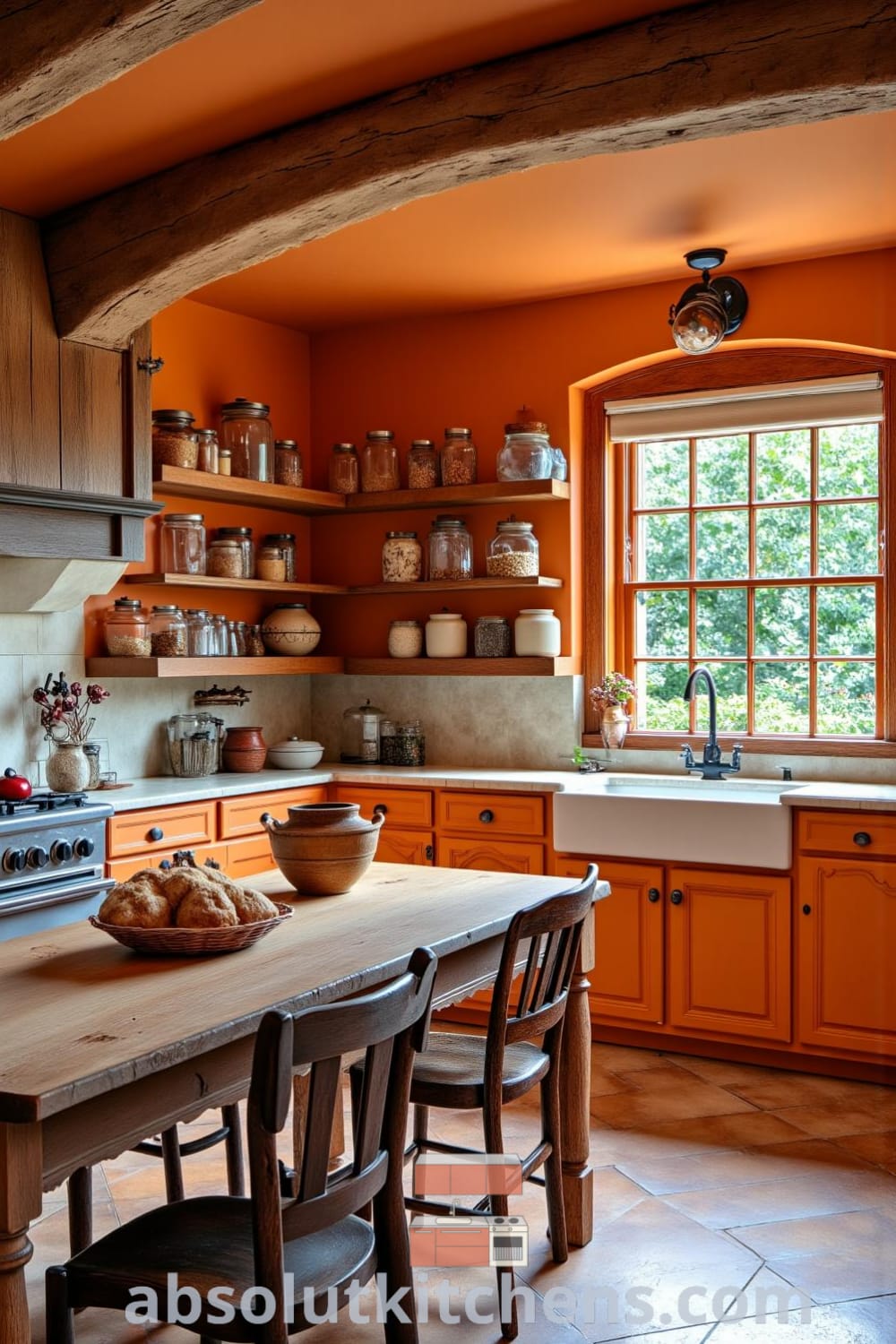 A cozy rustic kitchen design featuring warm orange hues, wooden beams, a weathered table with mismatched chairs, open shelves filled with earthenware, and a vintage farmhouse sink, creating inviting atmospheres and inspirations for unique ideas for your home, showcased on fireplacesandwoodstoves.com.