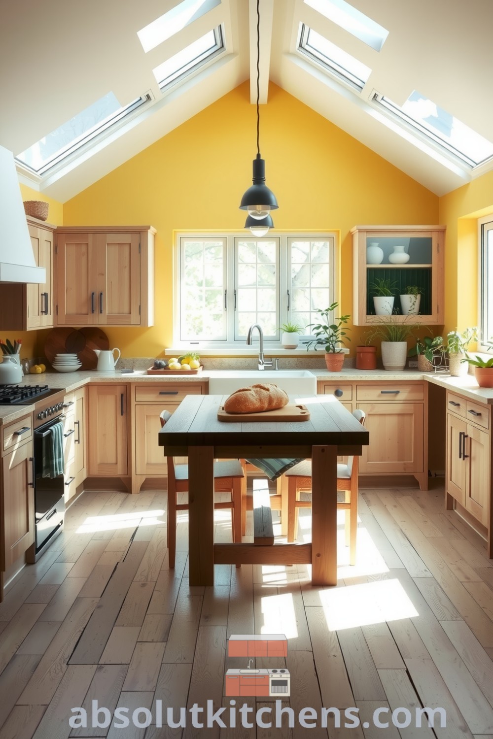 Cozy Scandinavian kitchen with soft yellow walls, natural light, light wood cabinetry, rustic stone countertops, and houseplants, creating a warm atmosphere ideal for gatherings, offering design ideas and decor inspirations for your home at fireplacesandwoodstoves.com.