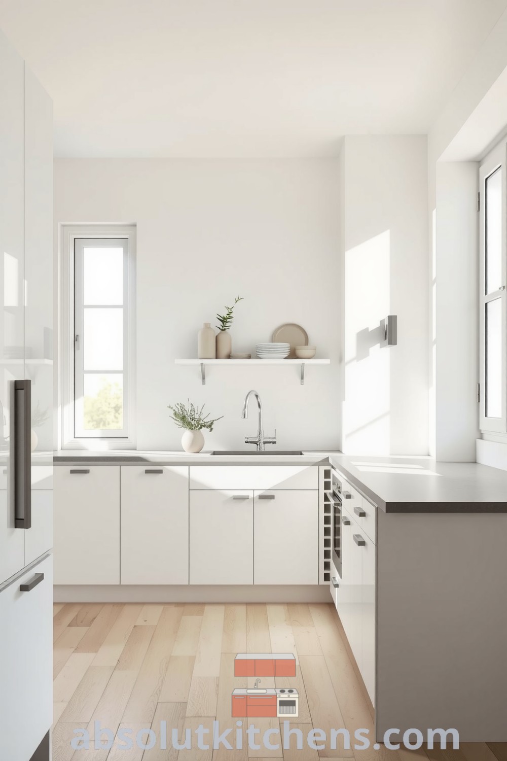Minimalist kitchen with white cabinetry, concrete countertop, large window, and light wooden floor, featuring open shelving with muted dishware and a small potted herb by the sink, embodying cozy home design ideas from fireplacesandwoodstoves.com.