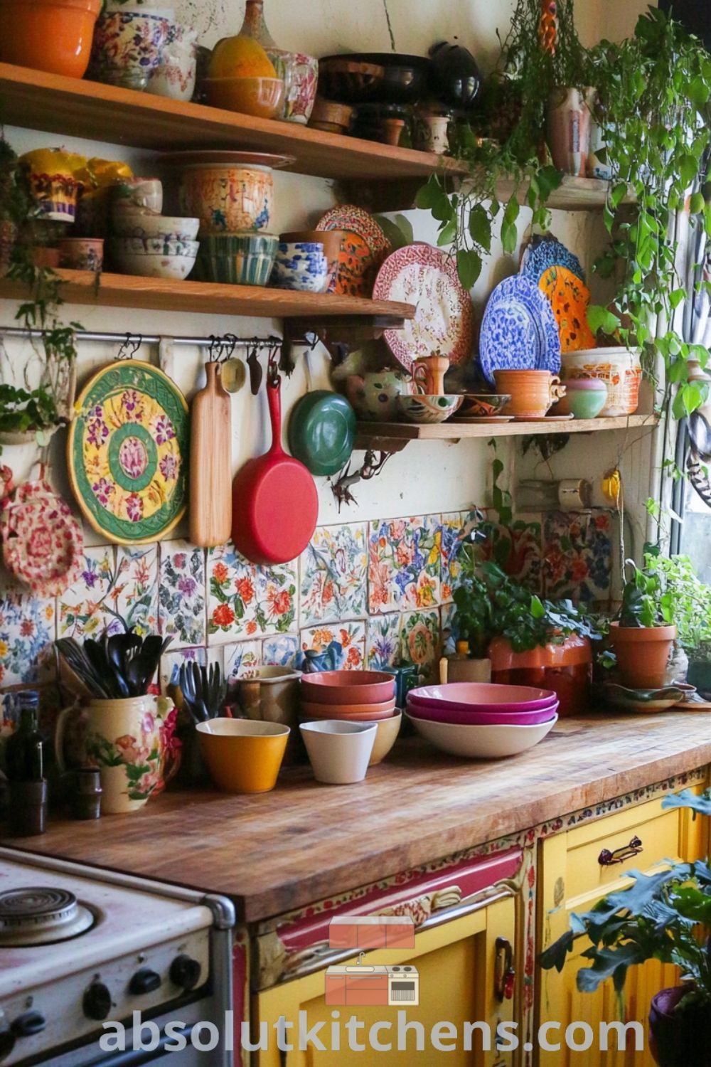 Bohemian kitchen decor on absolutkitchens.com featuring warm tones, rustic countertops, and vibrant dishware perfect for a cozy kitchen and small kitchen transformation ideas.