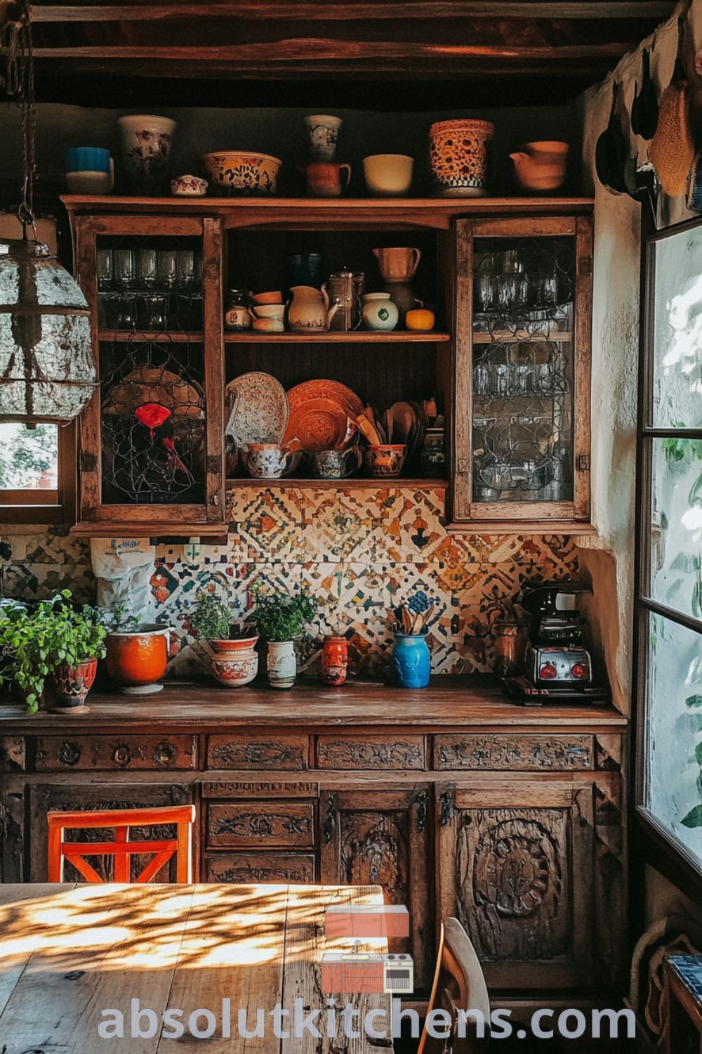 Bohemian Kitchen decor scene on absolutkitchens.com showcasing cozy kitchen vibes, earthy tones, and vibrant kitchen accents.