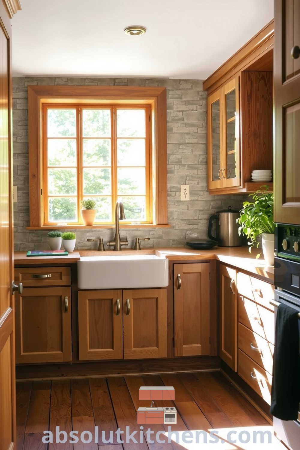 Cozy nature-inspired kitchen featuring warm earthy tones, natural wood cabinetry, stone backsplash, farmhouse sink, and large paned windows, creating a welcoming atmosphere. Visit absolutkitchens.com for more inspiring decor ideas for your home.