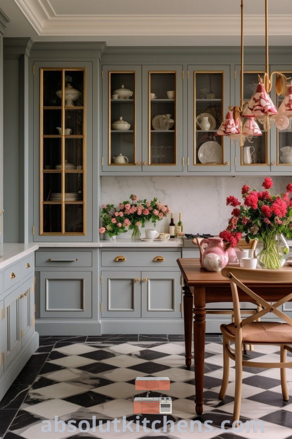 A charming Victorian kitchen with checkered flooring, blue cabinetry, and pink flowers in vases on the table, showcasing beautiful kitchen inspiration design ideas. This cozy aesthetic is ideal for dream kitchens and offers decor ideas for small spaces. For more inspiring designs, visit absolutkitchens.com.