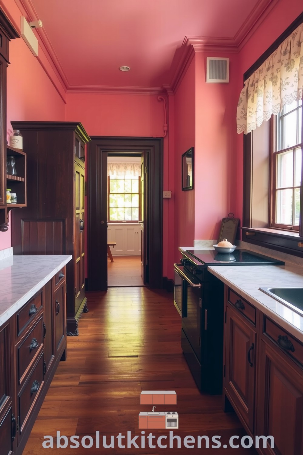 Cozy Victorian kitchen featuring soft pink tones, dark wood cabinetry with floral motifs, a polished marble countertop, and a vintage iron stove, perfect for cozy home design ideas and inspirations, as showcased on absolutkitchens.com.