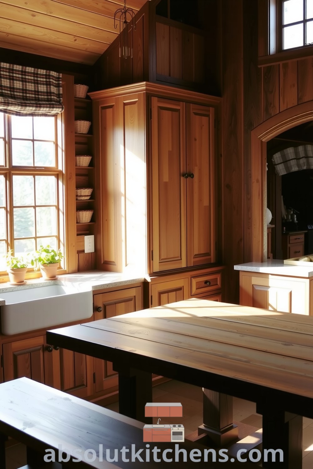 Cozy nature-inspired kitchen with large windows allowing sunlight, featuring reclaimed wood cabinets, stone countertops, potted herbs on the windowsill, and a rustic dining table, creating an inviting atmosphere perfect for shared meals and gatherings. Visit absolutkitchens.com for design inspirations.