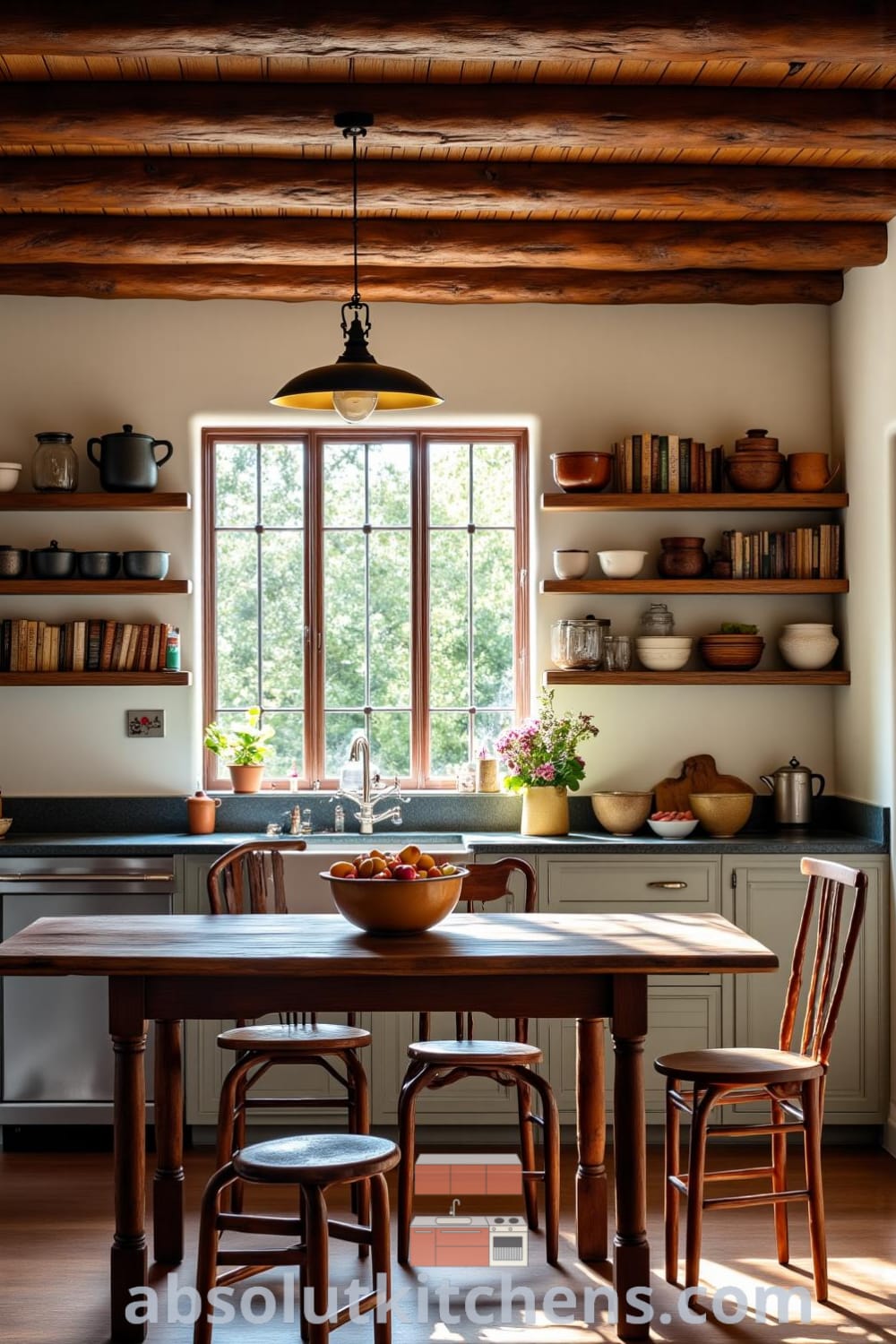 Rustic kitchen with exposed wooden beams, a weathered table surrounded by mismatched chairs, open shelves of handmade pots and cookbooks, and a deep farmhouse sink, evoking cozy home ideas and inspiring decor inspirations for your home at fireplacesandwoodstoves.com.