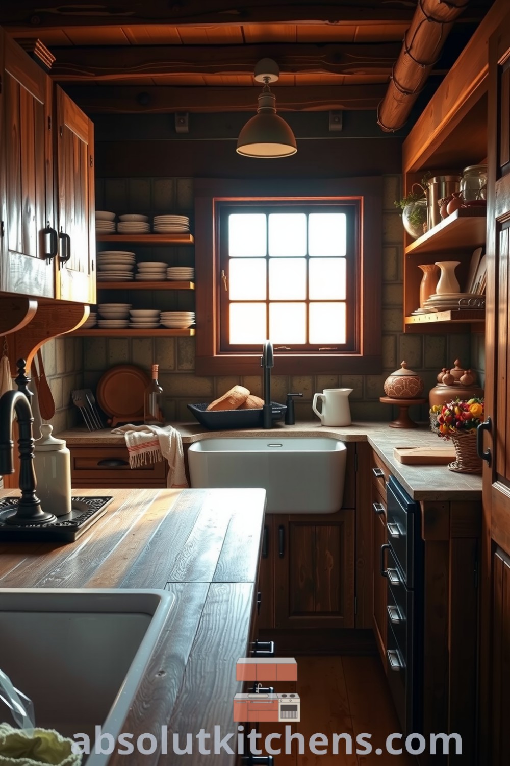 Cozy rustic kitchen featuring weathered wooden cabinets, stone accents, a farmhouse sink, and a butcher block countertop, showcasing mismatched ceramic dishware, evoking a warm and welcoming atmosphere. Visit absolutkitchens.com for decor ideas and inspirations for your home.