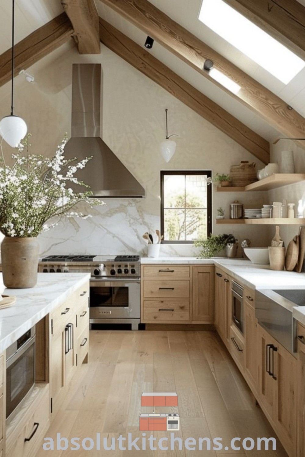 A large kitchen with wooden cabinets and white countertops, featuring an island in the center, designed for a modern mountain house aesthetic. This kitchen showcases ideas for vaulted ceiling designs, enhancing coziness and functional beauty. Discover more kitchen decor ideas at absolutkitchens.com.