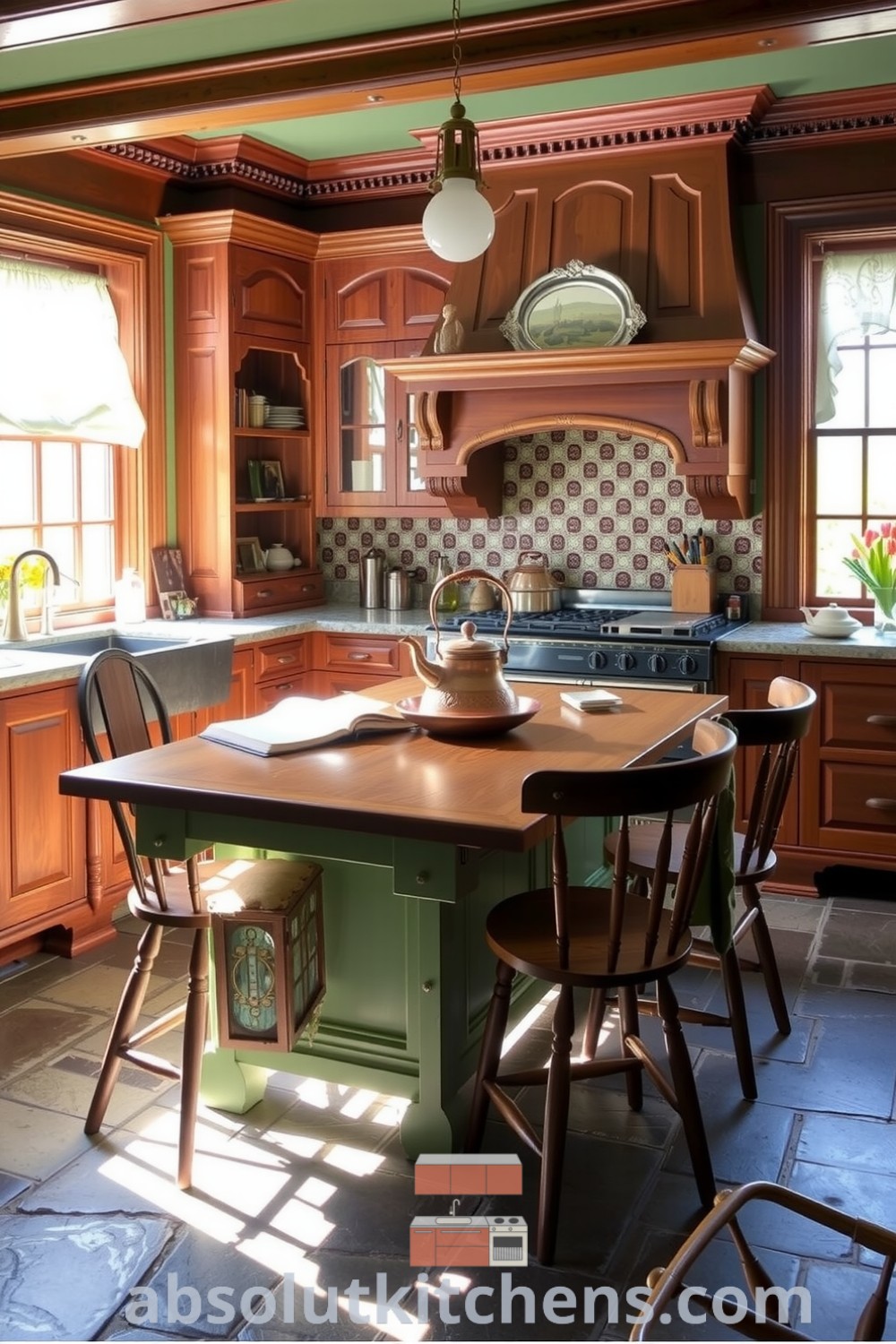 Cozy Victorian kitchen featuring rich green walls, warm wooden cabinetry, a heavy oak dining table with mismatched chairs, lace-draped windows, and a glowing copper kettle on the stove, reflecting cozy design ideas from absolutkitchens.com.