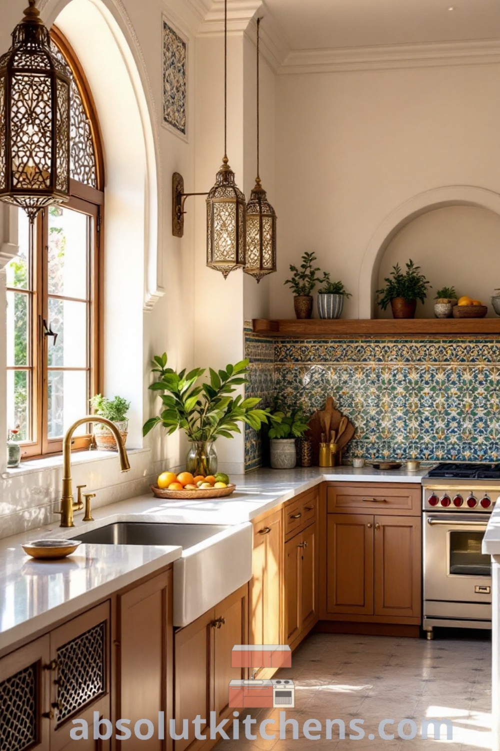 A colorful Moroccan design kitchen showcases vibrant stone countertops, a stove top oven, and a sink, offering ample counter space for cooking. With elements of Spanish tile and Turkish style, it provides inspiring decor ideas for small spaces. Explore more inspiring kitchen designs at absolutkitchens.com.