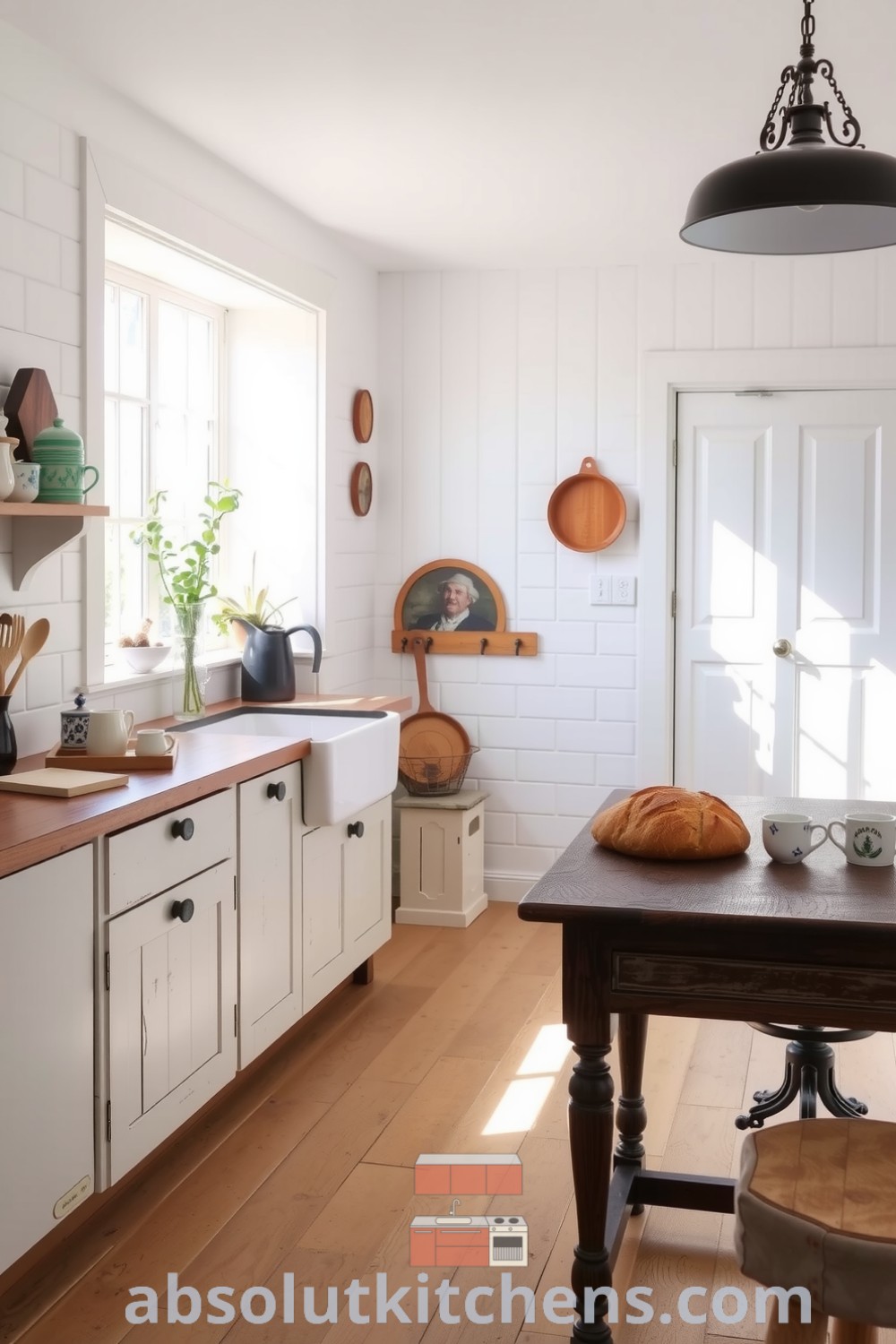 Cozy farmhouse kitchen with white walls, rustic wooden countertops, mismatched ceramic mugs, and a large window allowing natural light, creating a warm and inviting atmosphere perfect for family gatherings. Visit absolutkitchens.com for more cozy home design ideas.