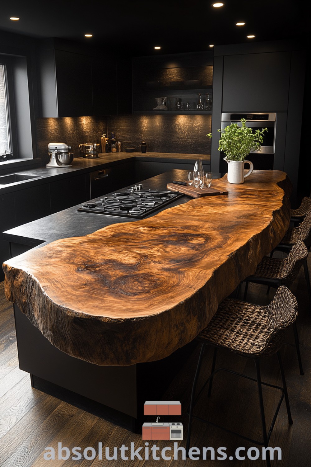 A large wooden kitchen counter featuring live edge wood countertops provides a rustic and cozy aesthetic, enhanced by a stove top oven and sink, creating a functional space for family gatherings. Explore more kitchen decor ideas at absolutkitchens.com.