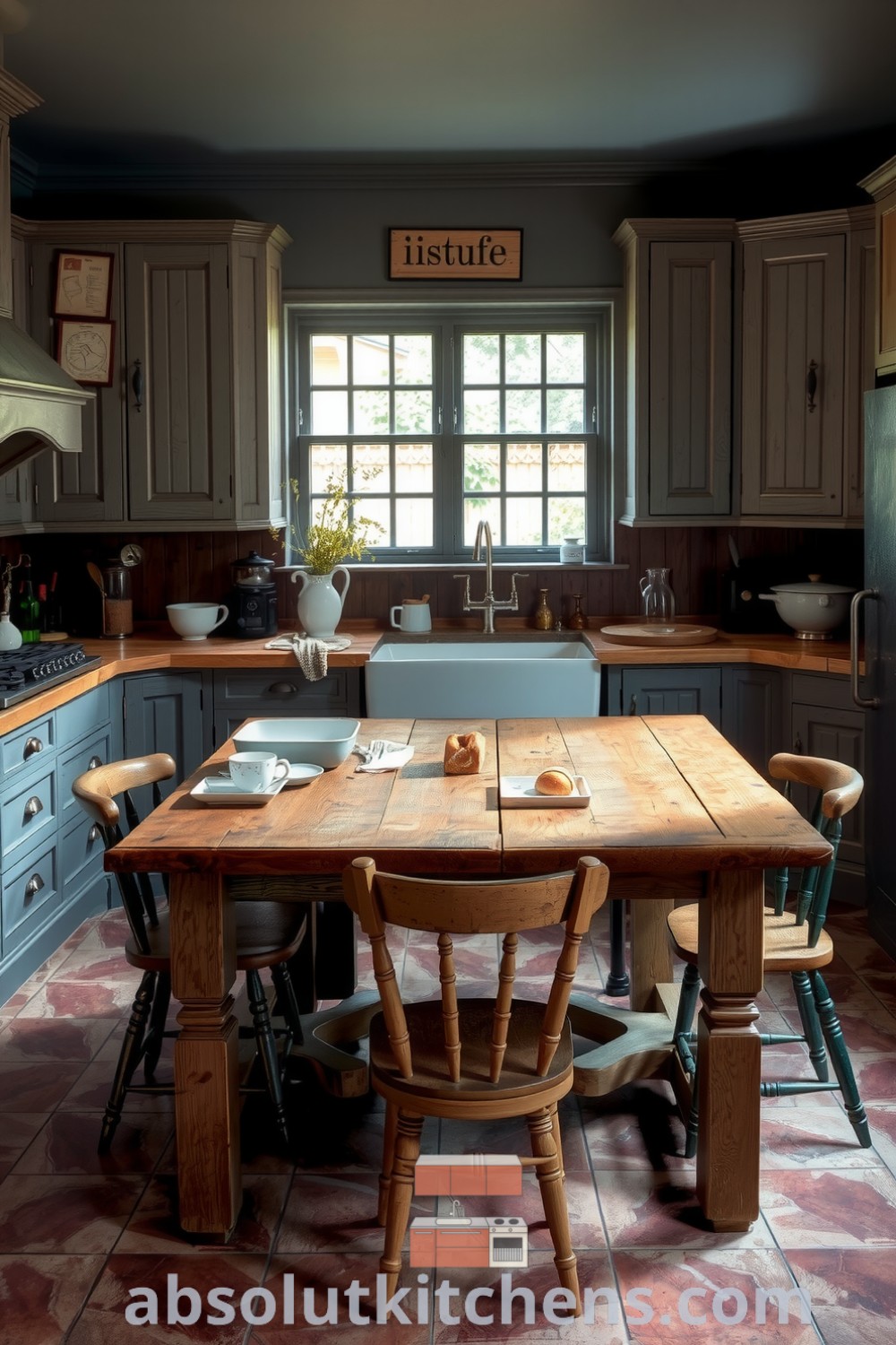 Cozy farmhouse kitchen with weathered wooden cabinets, a large farmhouse sink, and a hefty wooden table surrounded by mismatched chairs, showcasing a warm and inviting atmosphere perfect for family gatherings. Discover unique ideas for your home at absolutkitchens.com.