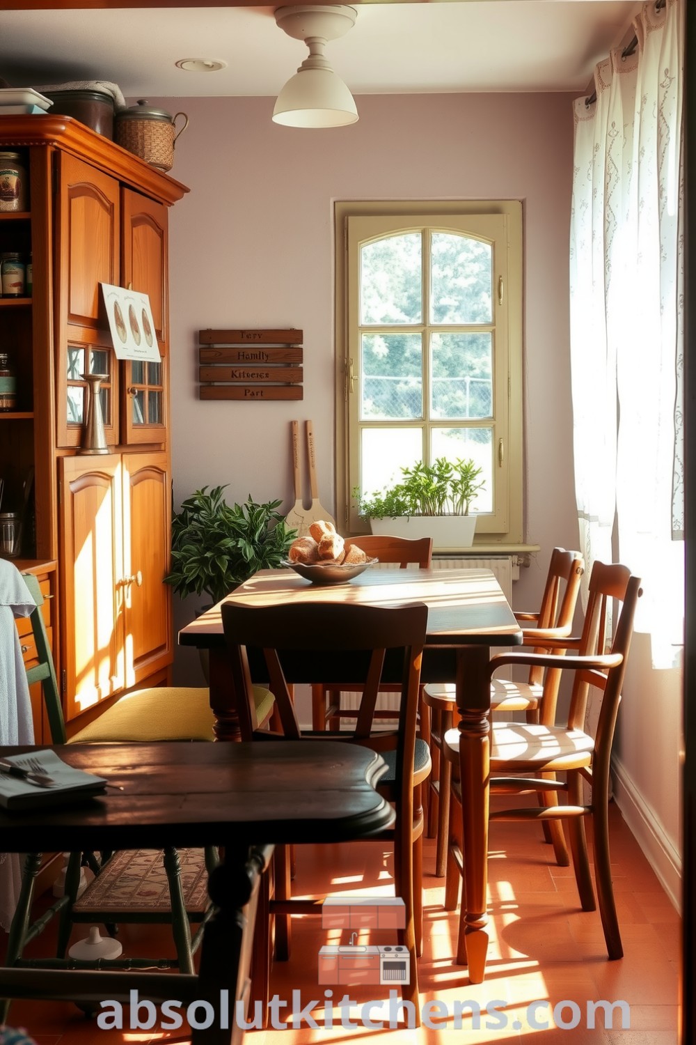 Cozy French kitchen featuring warm wooden cabinets, copper pots, a rustic farmhouse table, and mismatched chairs, illuminated by dappled sunlight through lace curtains, with a small herb garden on the windowsill, creating an inviting atmosphere for family meals. Visit absolutkitchens.com for inspiring decor ideas.