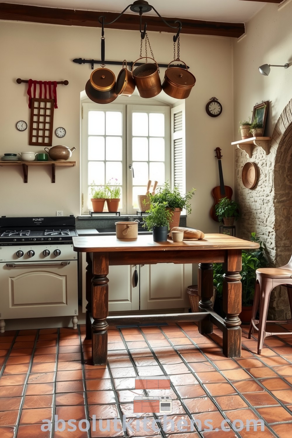 Cozy French kitchen with soft cream tones, terracotta tiles, worn wooden table, potted herbs, and copper pots, creating an inviting atmosphere filled with the aroma of baking bread, offering inspiring decor ideas for a cozy home at absolutkitchens.com.