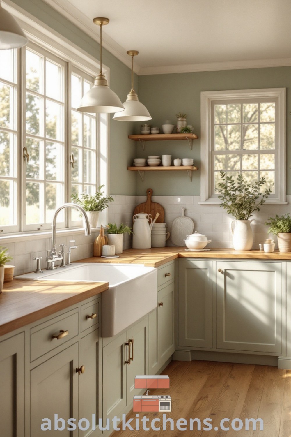 A spacious kitchen filled with countertop space, wooden flooring, and large windows, showcasing a countryside kitchen aesthetic perfect for French country kitchen ideas. This inspiring design incorporates sage colors and cozy decorating ideas, making it ideal for both house and apartment settings. Discover more kitchen trends at absolutkitchens.com.