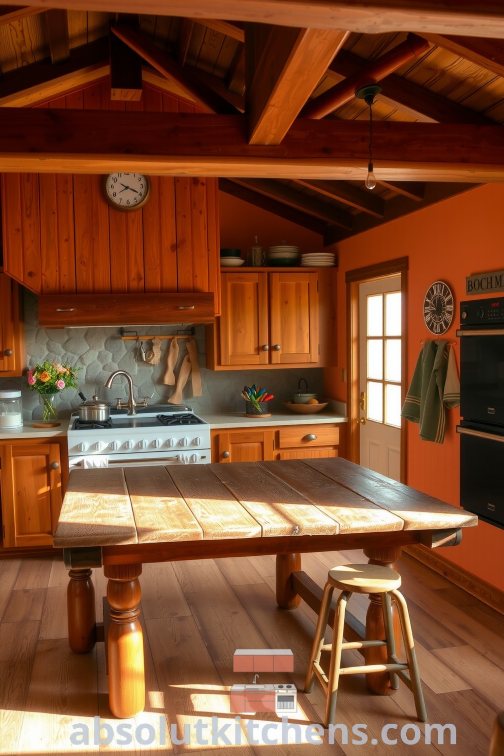 Cozy rustic kitchen featuring warm orange tones, rough-hewn oak cabinets, a farmhouse table, and vintage decor, creating a welcoming and inviting atmosphere. Visit absolutkitchens.com for inspiring design ideas.