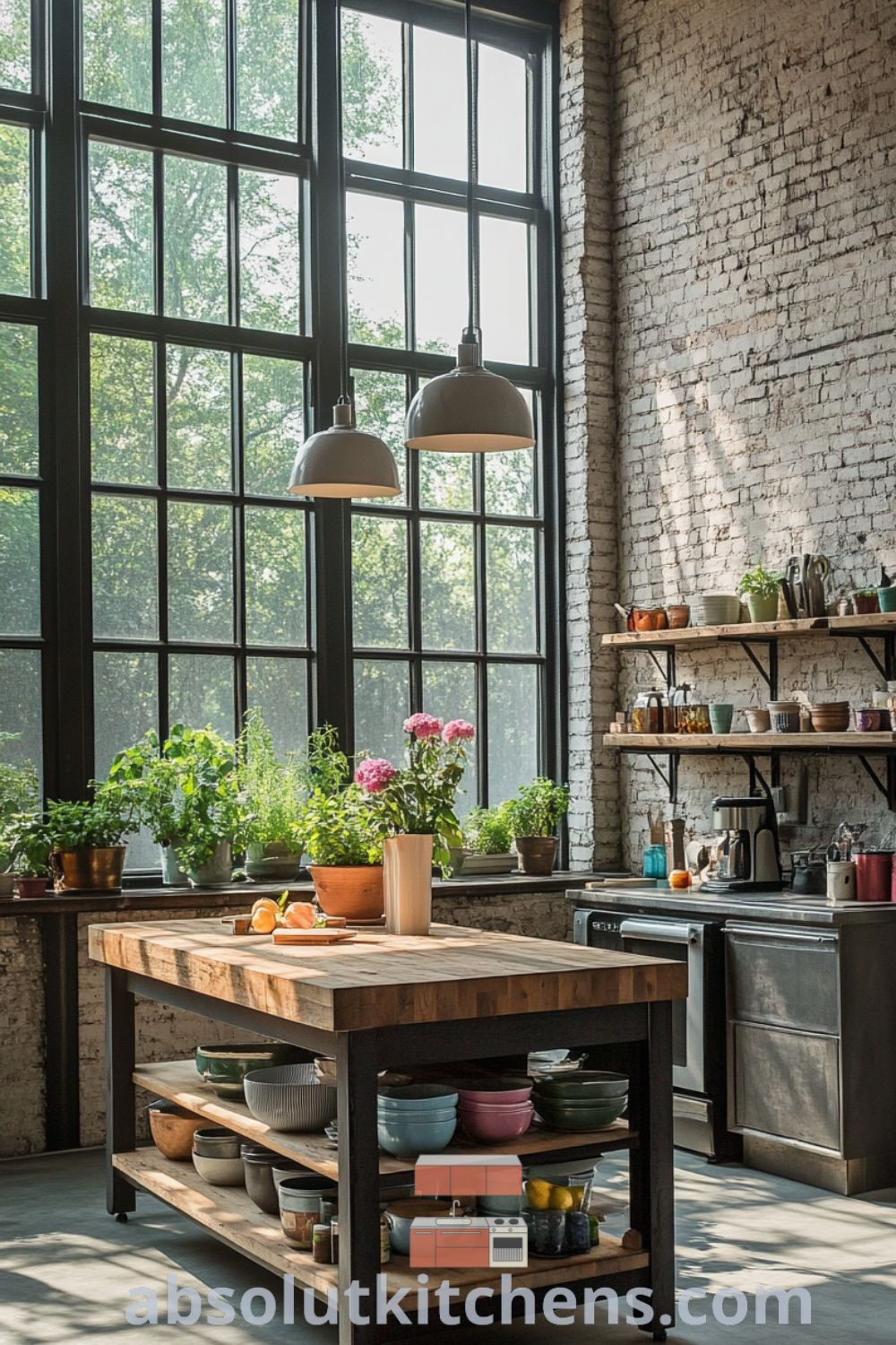 Loft kitchen scene on absolutkitchens.com featuring rustic wooden island, cozy aesthetic, and inviting decor ideas for small spaces.