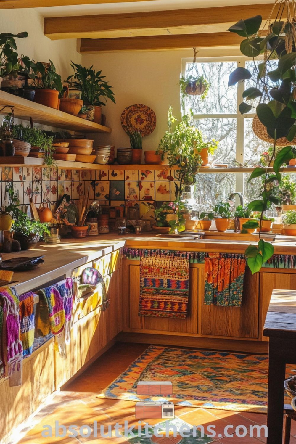 Bohemian Kitchen design on absolutkitchens.com featuring vibrant colors, cozy kitchen aesthetic, and unique decor ideas for small spaces.