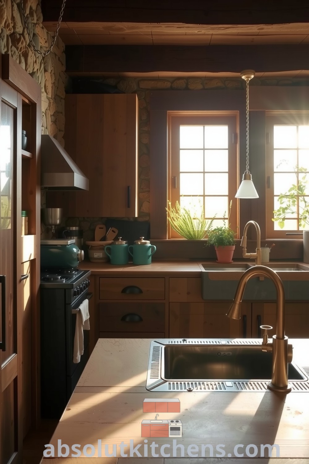 Cozy nature-inspired kitchen with rustic stone accents, wooden cabinetry, and a reclaimed wood countertop, featuring a window with flourishing herbs, creating an inviting atmosphere perfect for culinary creativity. Visit absolutkitchens.com for inspiring decor ideas.