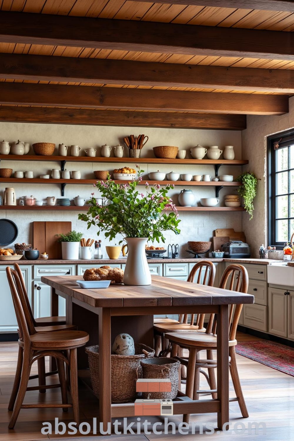 Rustic kitchen with wooden beams, a farmhouse table surrounded by mismatched chairs, and ceramic dishes on open shelves, creating a cozy home atmosphere perfect for family gatherings. Inspiring decor ideas on fireplacesandwoodstoves.com.
