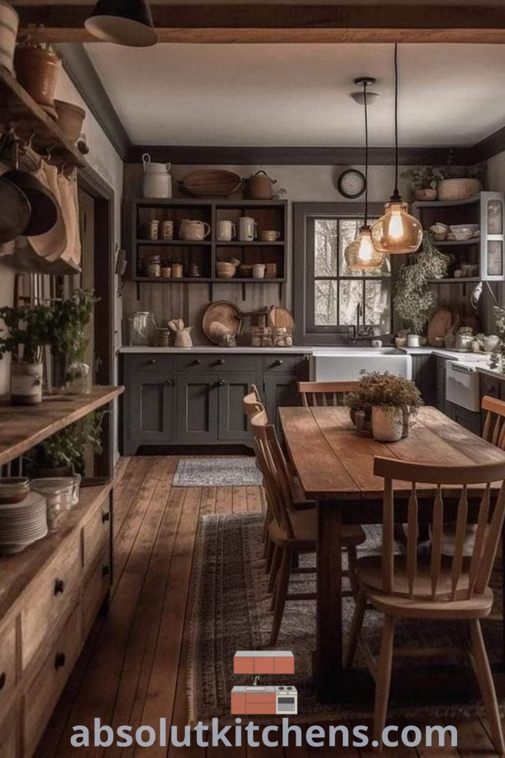 A wooden table in a classic country kitchen filled with pots and pans, exuding a cozy atmosphere perfect for nature-inspired homes. Discover vintage aesthetic kitchen ideas and decorating tips for creating charming cottage rooms at absolutkitchens.com.
