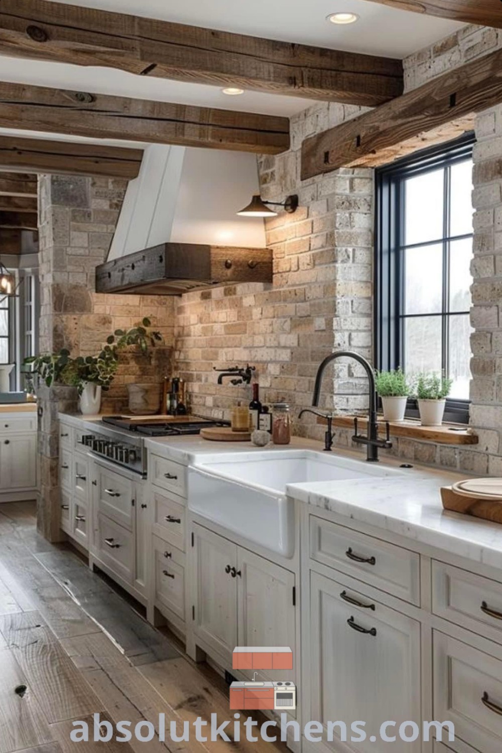 A rustic kitchen featuring white cabinets and wooden beams, complemented by modern black kitchen cabinets, showcasing farmhouse kitchen design. Discover cozy aesthetic and inspiring decor ideas for small spaces at absolutkitchens.com.