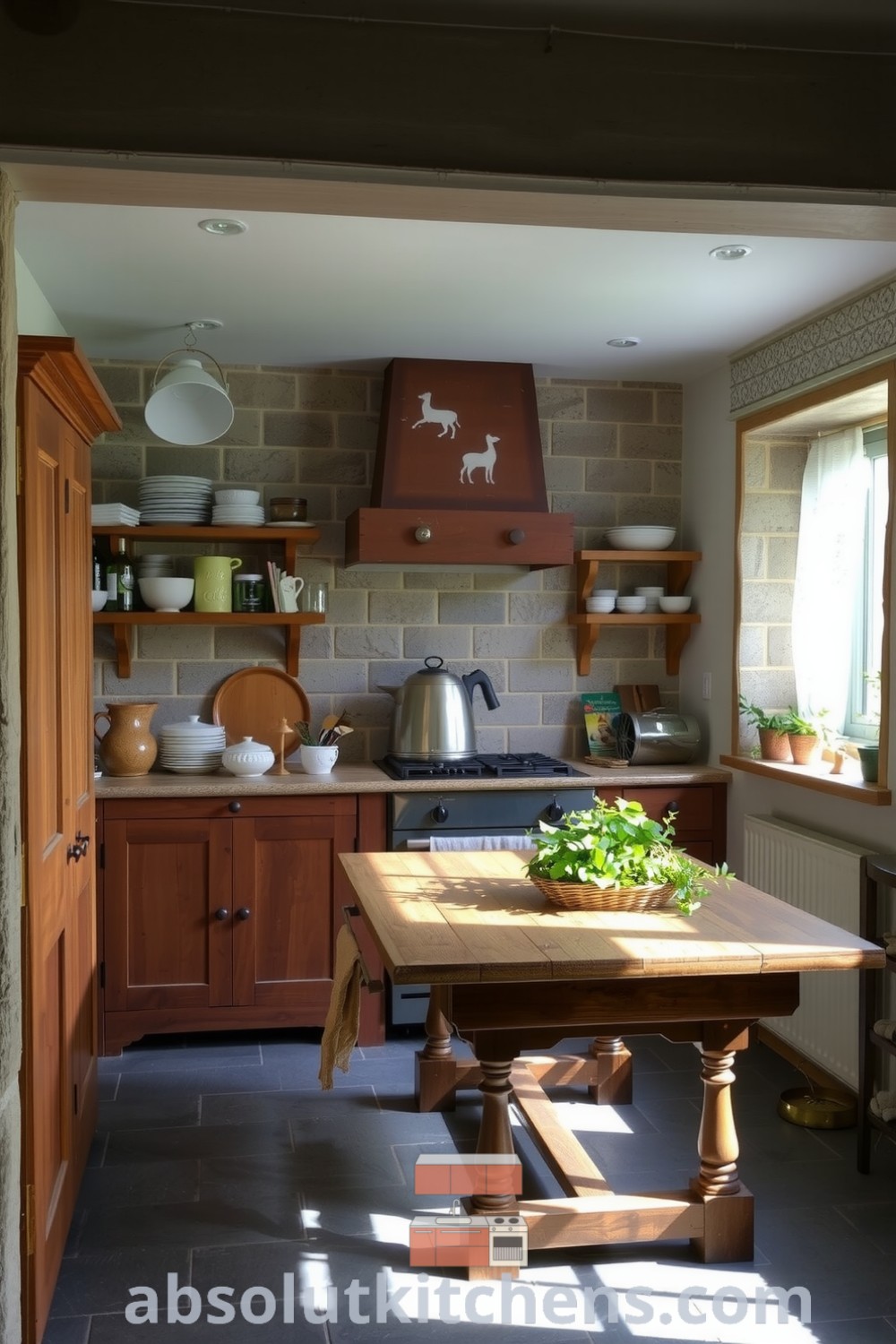 Cozy rustic kitchen with grey stone walls, wooden cabinetry, mismatched bowls and jars, and a farmhouse table, creating a warm and inviting atmosphere perfect for gatherings. Explore cozy ideas at absolutkitchens.com.