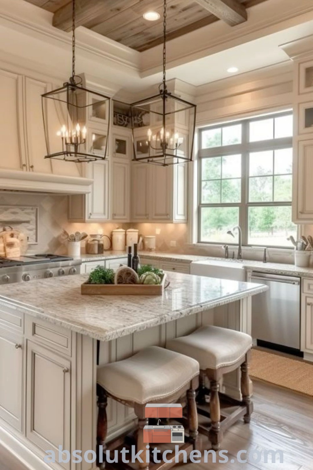 A large kitchen with off-white cabinets, an island, and green appliances, exemplifying a Nancy Meyers kitchen style. This design offers a cozy aesthetic and inspiring decor ideas for small spaces, perfect for kitchen and bathroom remodeling. Visit absolutkitchens.com for more design tips and trends.