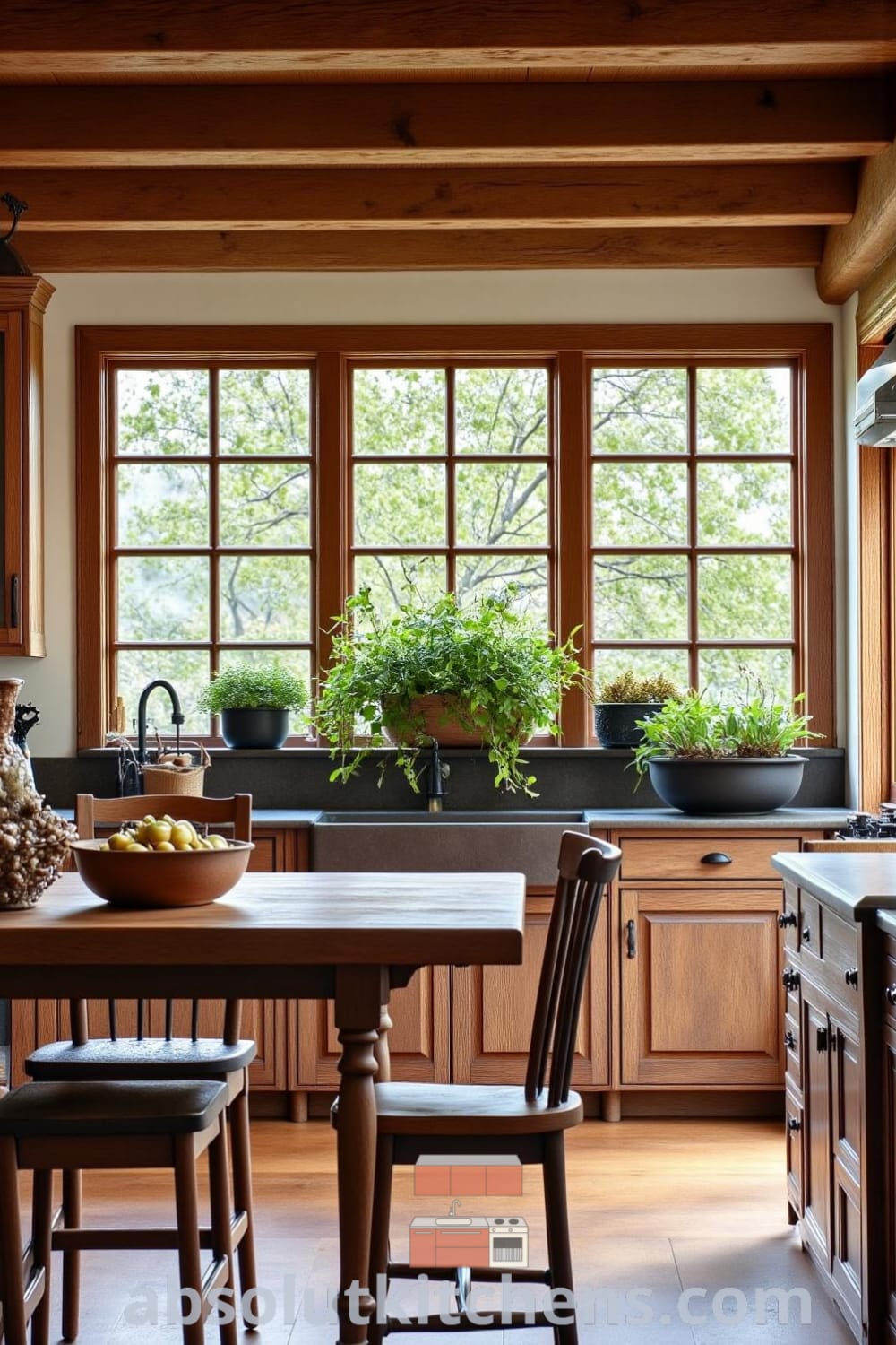 Rustic kitchen with warm natural light, exposed wooden beams, weathered oak cabinets, and mismatched chairs, showcasing cozy ideas and inspiring design ideas for your home, as featured on fireplacesandwoodstoves.com.