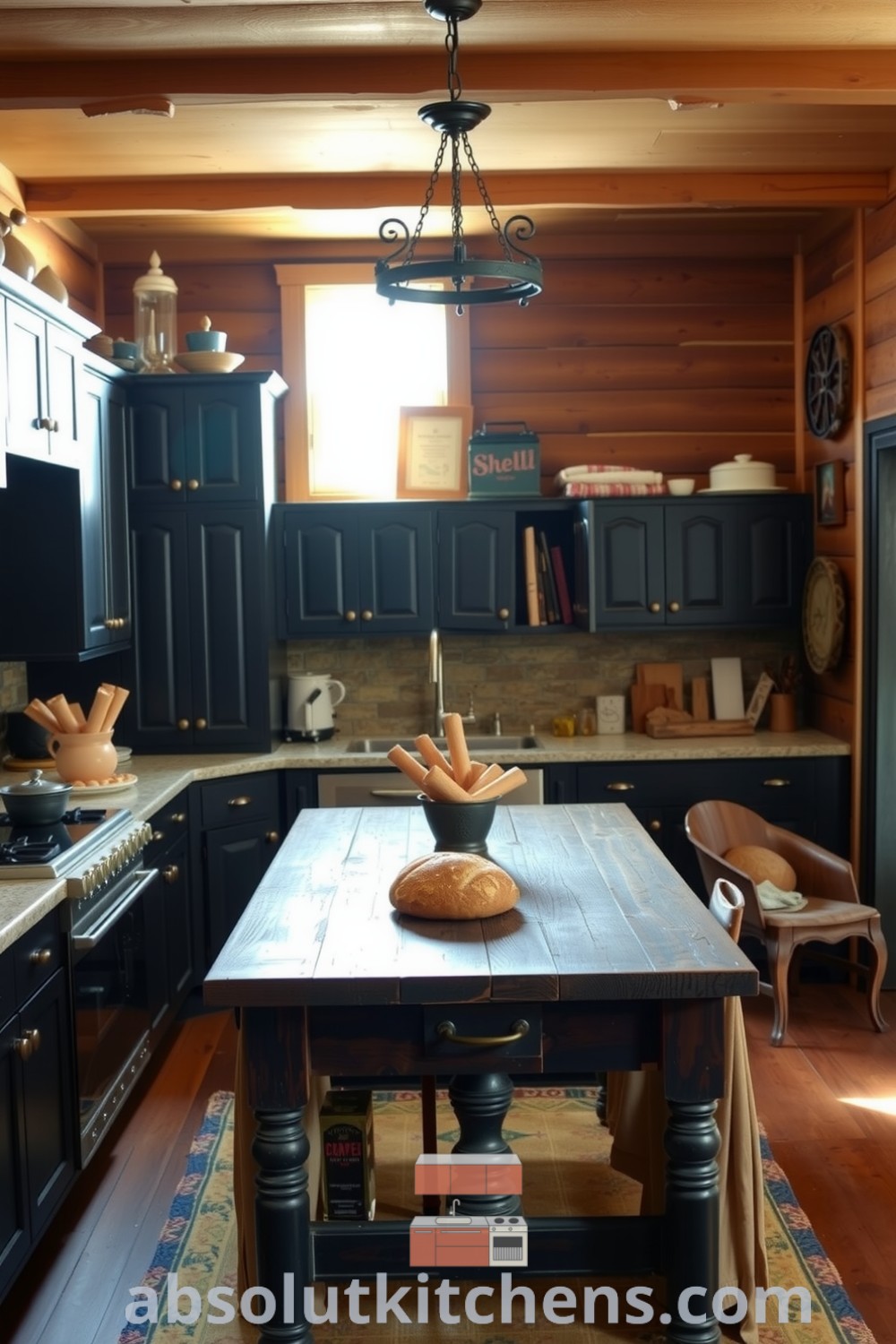 Cozy rustic kitchen featuring deep black cabinetry, wood-paneled walls, a farmhouse table, and a wrought-iron light fixture; ideal for inspiring decor ideas for a warm and inviting home atmosphere. Visit absolutkitchens.com for more unique ideas.