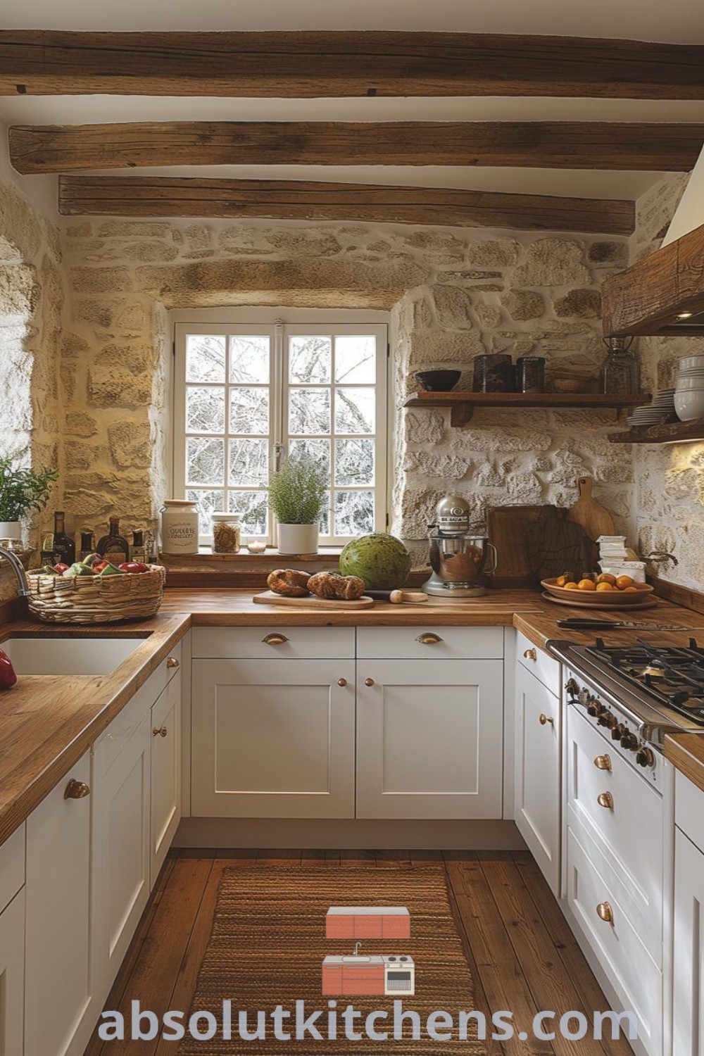 A cozy kitchen with white cabinets, wooden countertops, and a central oven, depicting a charming cottage feel. This design showcases inspiring small home remodeling ideas and decor for small spaces, highlighting trends for the perfect Sims 4 or Minecraft cottage kitchen. For more ideas, visit absolutkitchens.com.