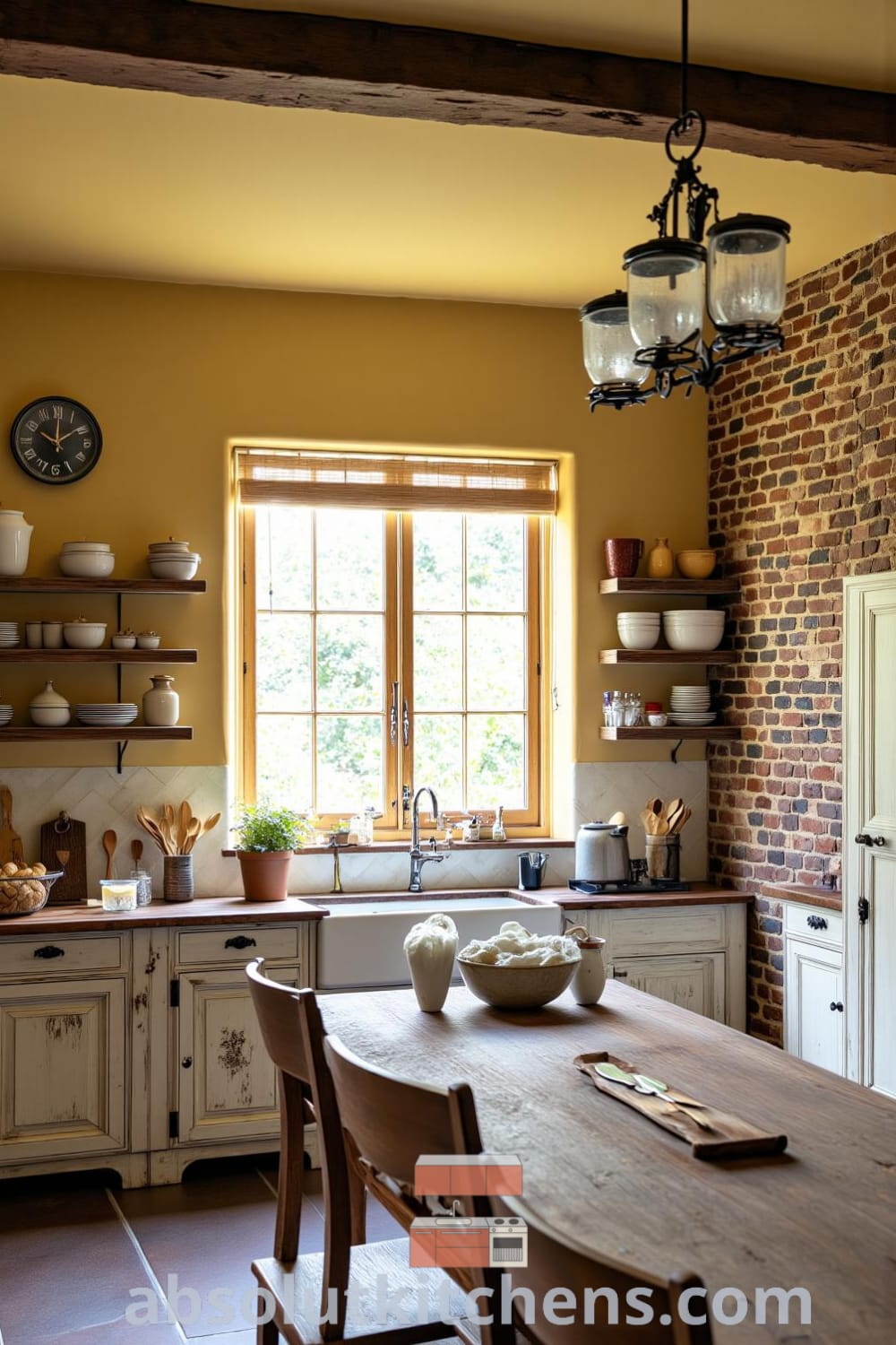 Rustic kitchen with exposed brick walls, a farmhouse sink, and weathered wooden cabinets, creating a cozy home atmosphere ideal for family gatherings; discover decor ideas at fireplacesandwoodstoves.com.