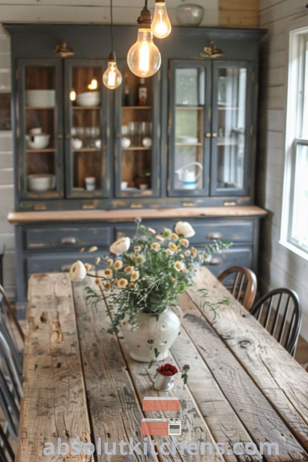 A cozy cottagecore dining room featuring a wooden table with chairs, a rustic hutch, and cupboards, creating a warm and inviting atmosphere. This space highlights design trends for 2024, embracing country vibes and farmhouse kitchen decor ideas. Explore cozy aesthetics at absolutkitchens.com.