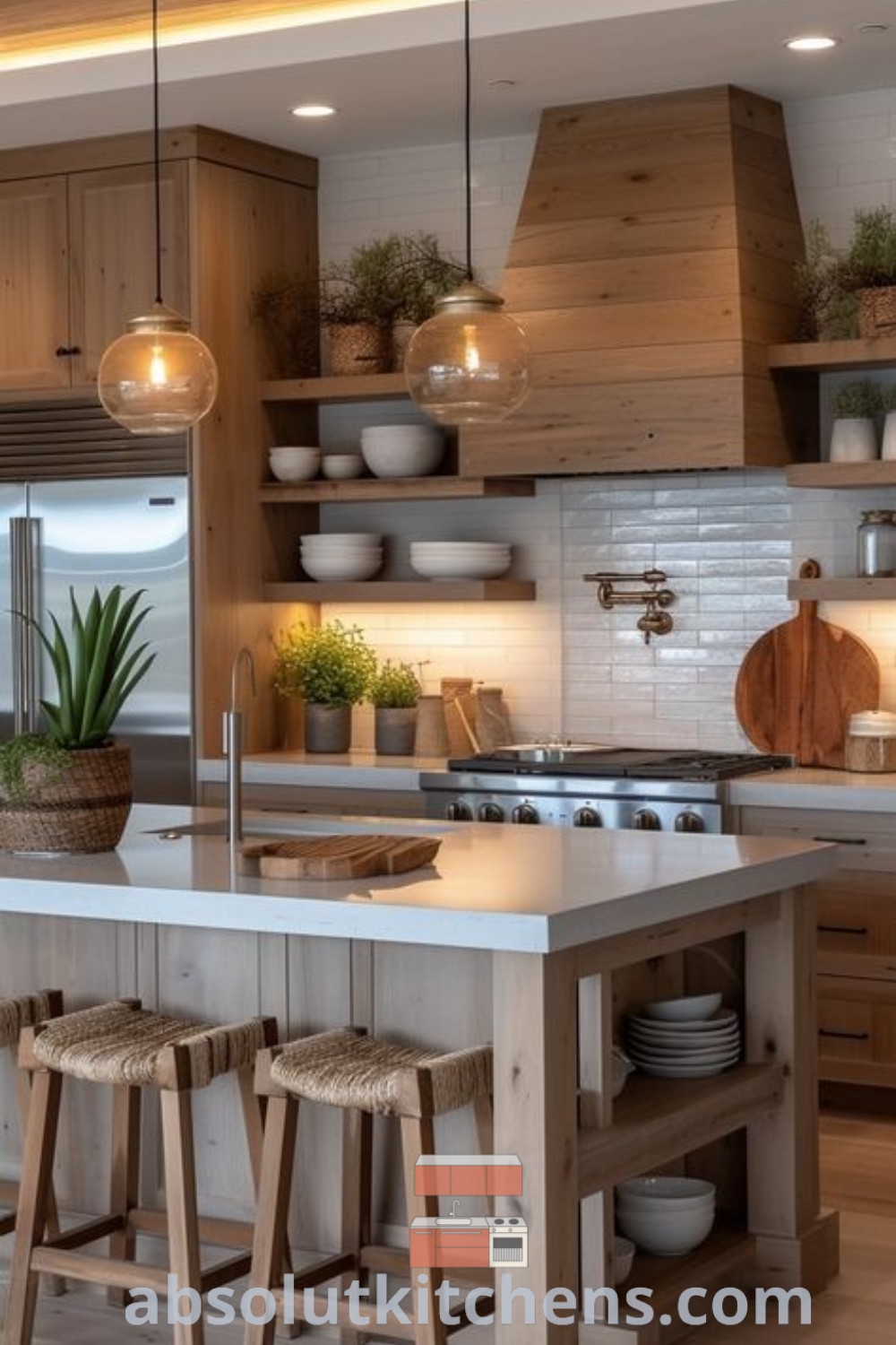 A kitchen with wooden cabinets and white countertops, showcasing cozy rustic style and modern farmhouse design trends. This space includes two stools at the island, reflecting inspiring ideas for house renovations. Find more decorating ideas for small spaces at absolutkitchens.com.
