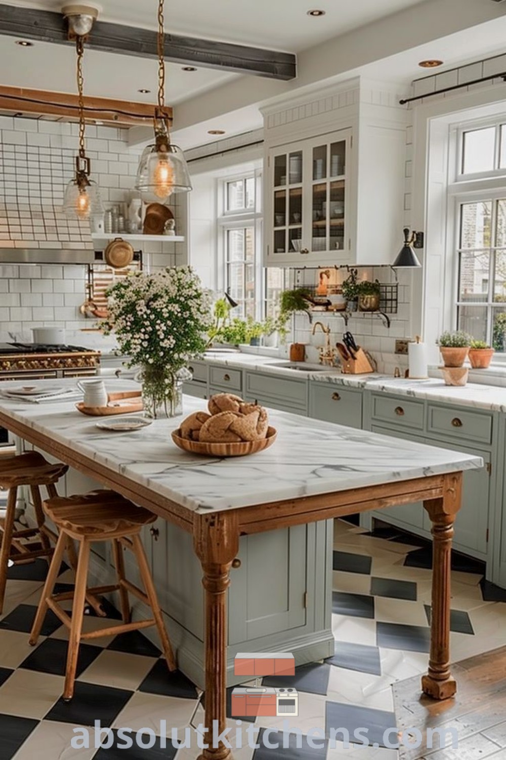 A kitchen with checkered flooring and an island in front of the stove top, showcasing a unique design that combines rustic galley kitchen ideas with modern country interior design. This inviting space offers decor ideas for small spaces and emphasizes the cozy aesthetic. Explore more inspiring kitchen designs at absolutkitchens.com.
