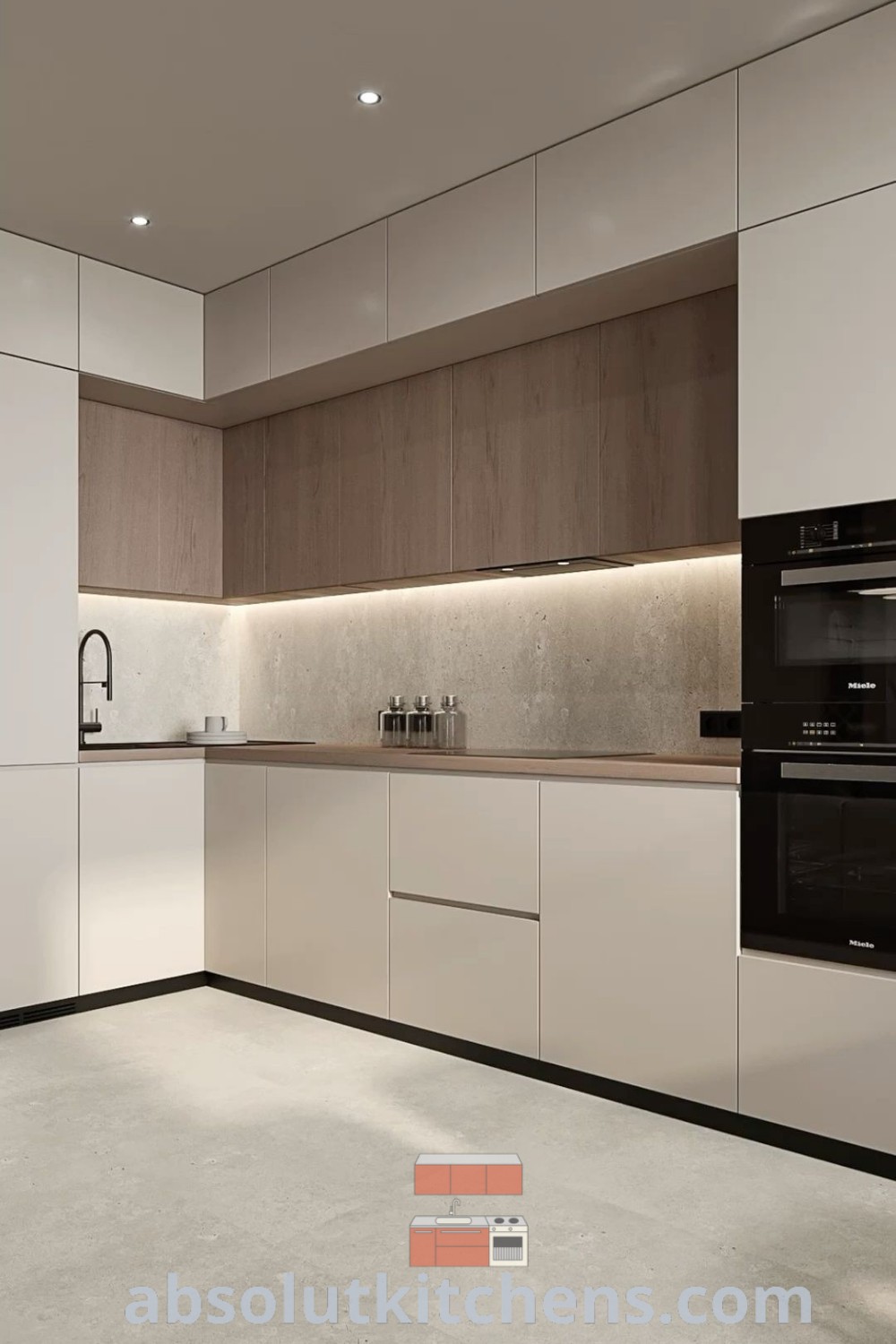 Two stools sit at the center of a modern kitchen apartment island, showcasing an organic modern aesthetic. This inviting space reflects decor ideas and renovation inspiration common in cozy homes. Explore unique ideas for your kitchen at wellnesswink.com.