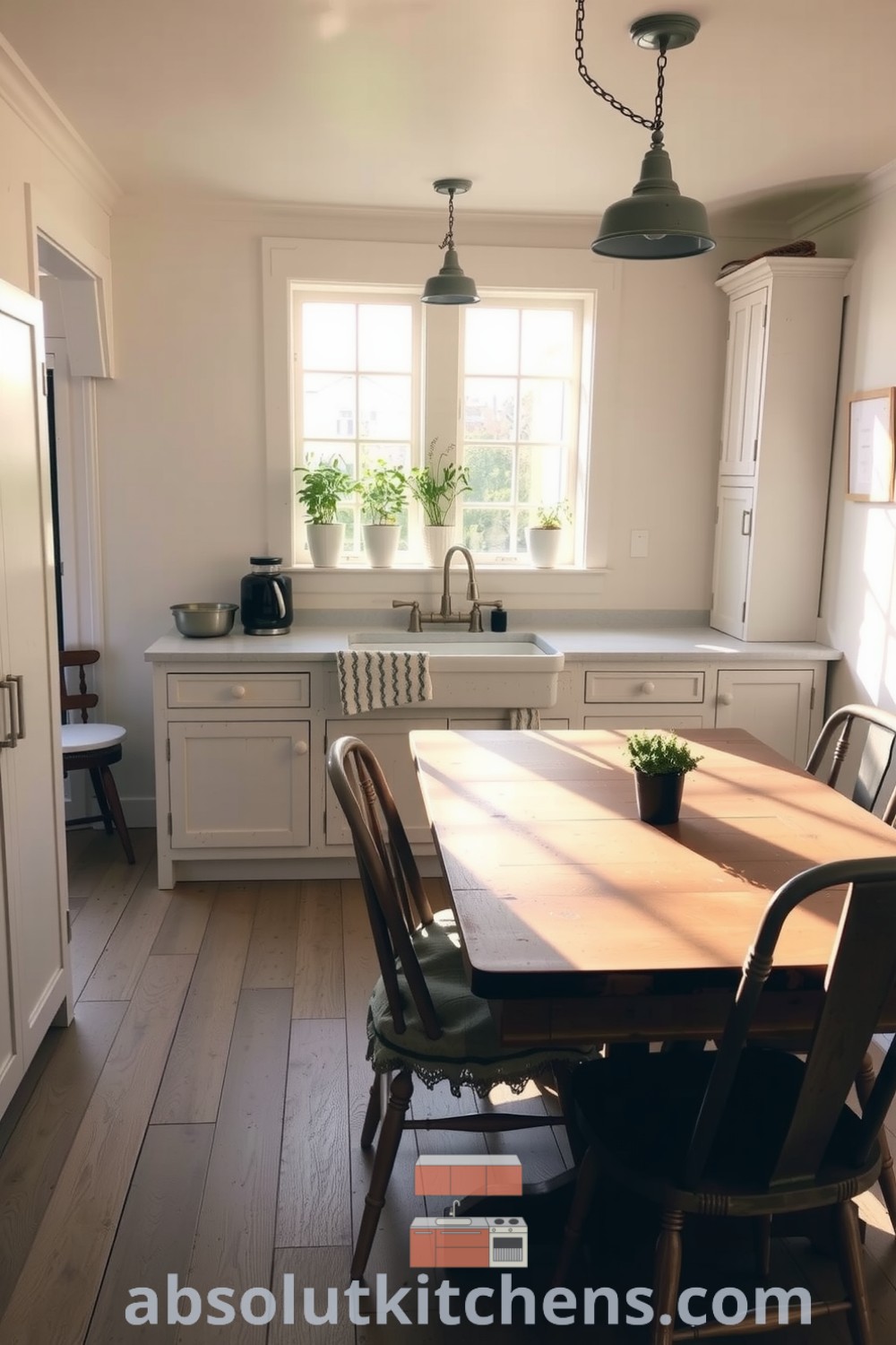 Cozy farmhouse kitchen featuring soft worn cabinetry, weathered wooden floorboards, a rustic dining table with mismatched chairs, and herb pots on the windowsill, creating a warm and inviting atmosphere for family gatherings. Visit absolutkitchens.com for more decor inspirations.