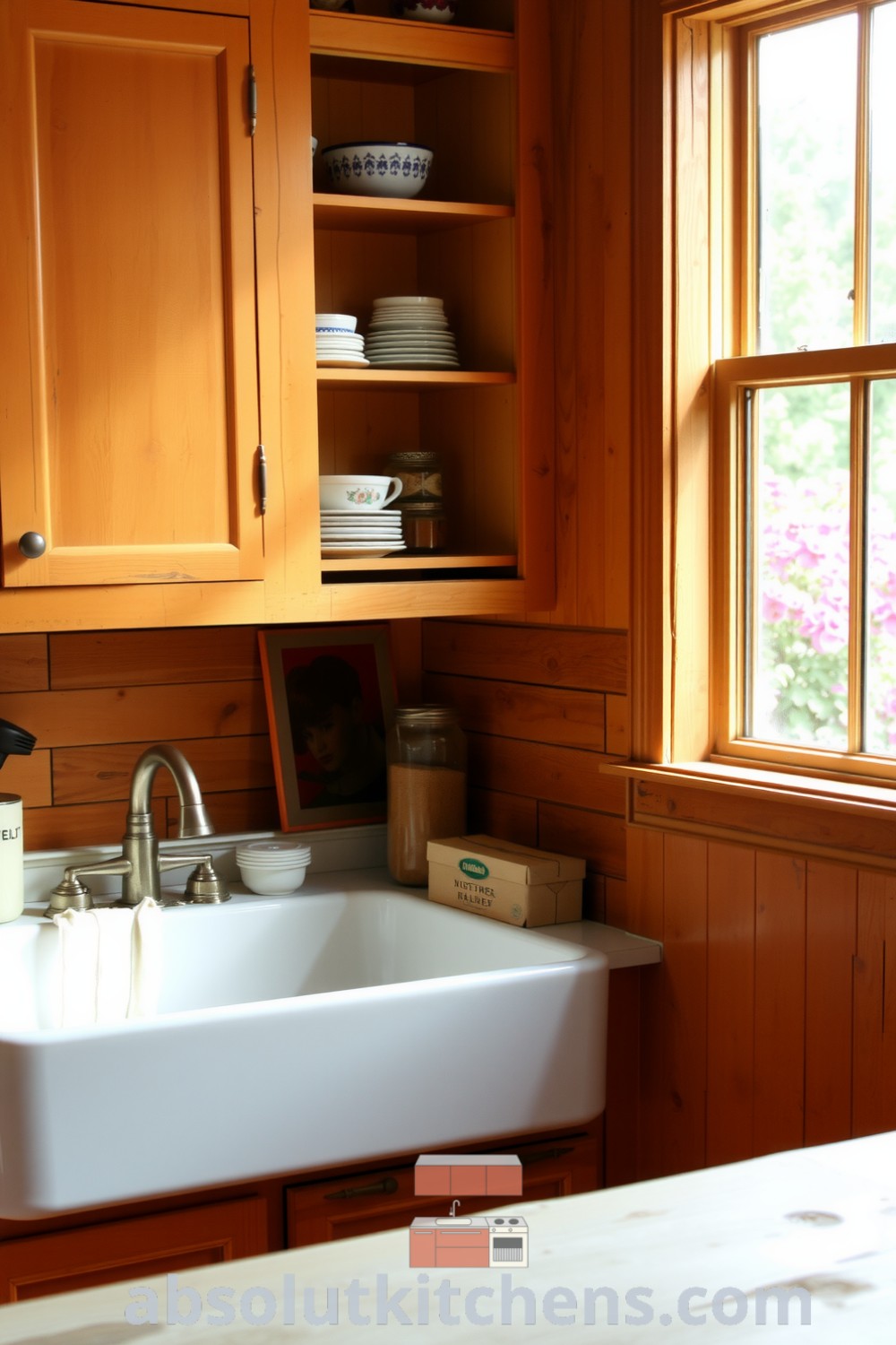 Cozy rustic kitchen filled with warm orange tones, wooden cabinets displaying mismatched bowls and jars of spices, a chipped porcelain farmhouse sink, and a robust table, evoking a sense of home and belonging at absolutkitchens.com.