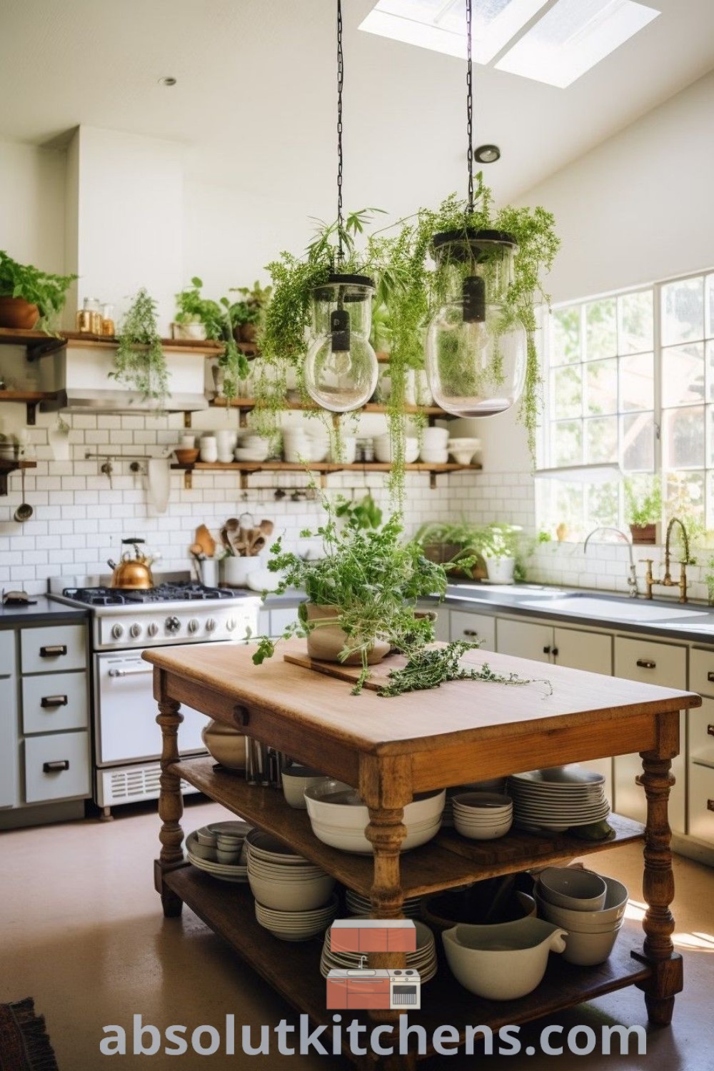 A kitchen filled with pots and pans on a wooden table, featuring stained glass cabinets and a green backsplash, exemplifying a witchy apothecary design. Ideal for decor ideas for small spaces, this kitchen inspires cozy aesthetics. Discover more designs at absolutkitchens.com.